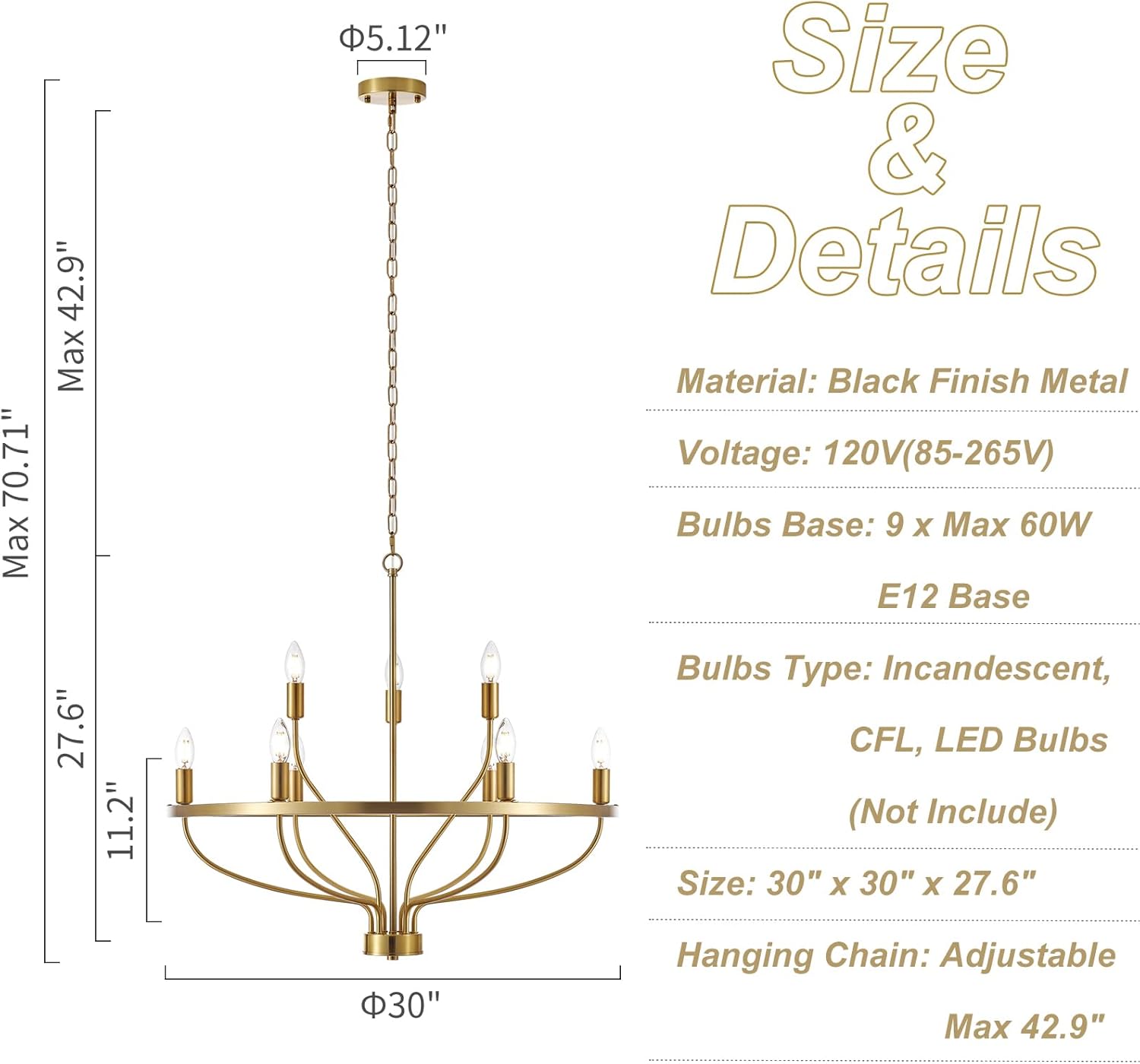 Moderno candelabro dorado de 9 luces, estilo vintage, de mediados de siglo, 30 pulgadas, estilo vela, moderno, rústico, para comedor, isla de