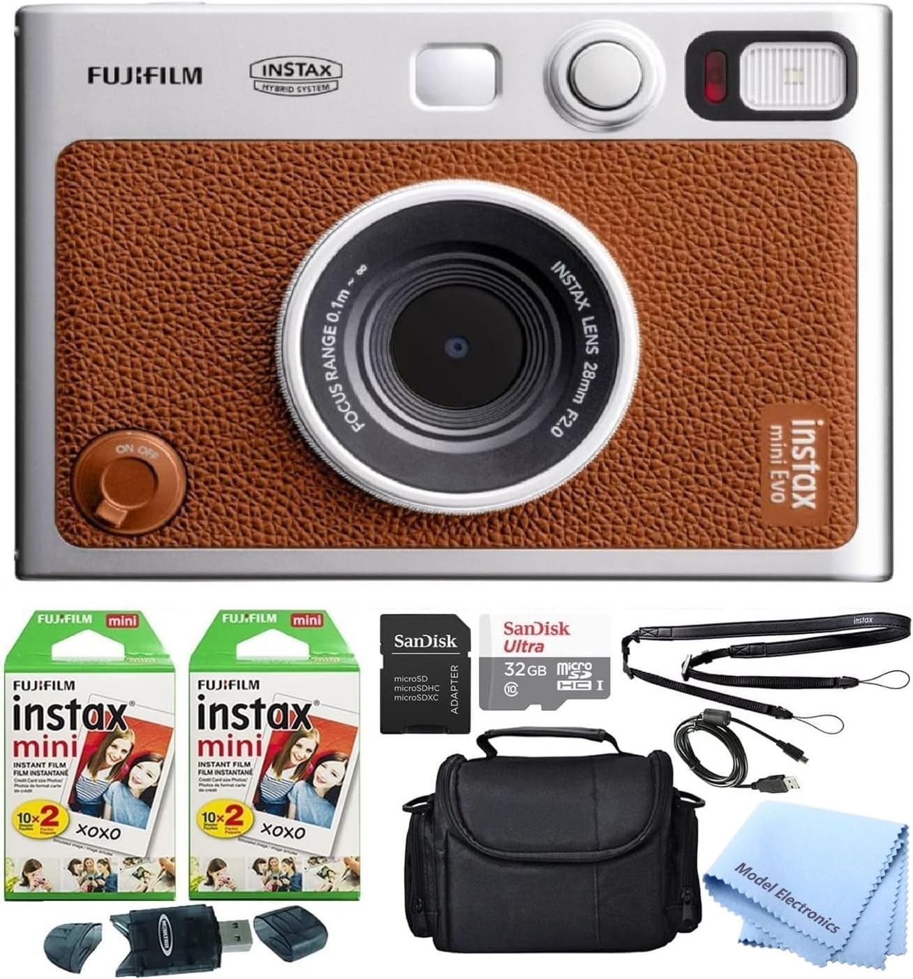 Fujifilm Instax Mini EVO – Cámara híbrida de película instantánea marrón con 40 hojas de película instantánea + tarjeta de memoria microSD de 32 GB