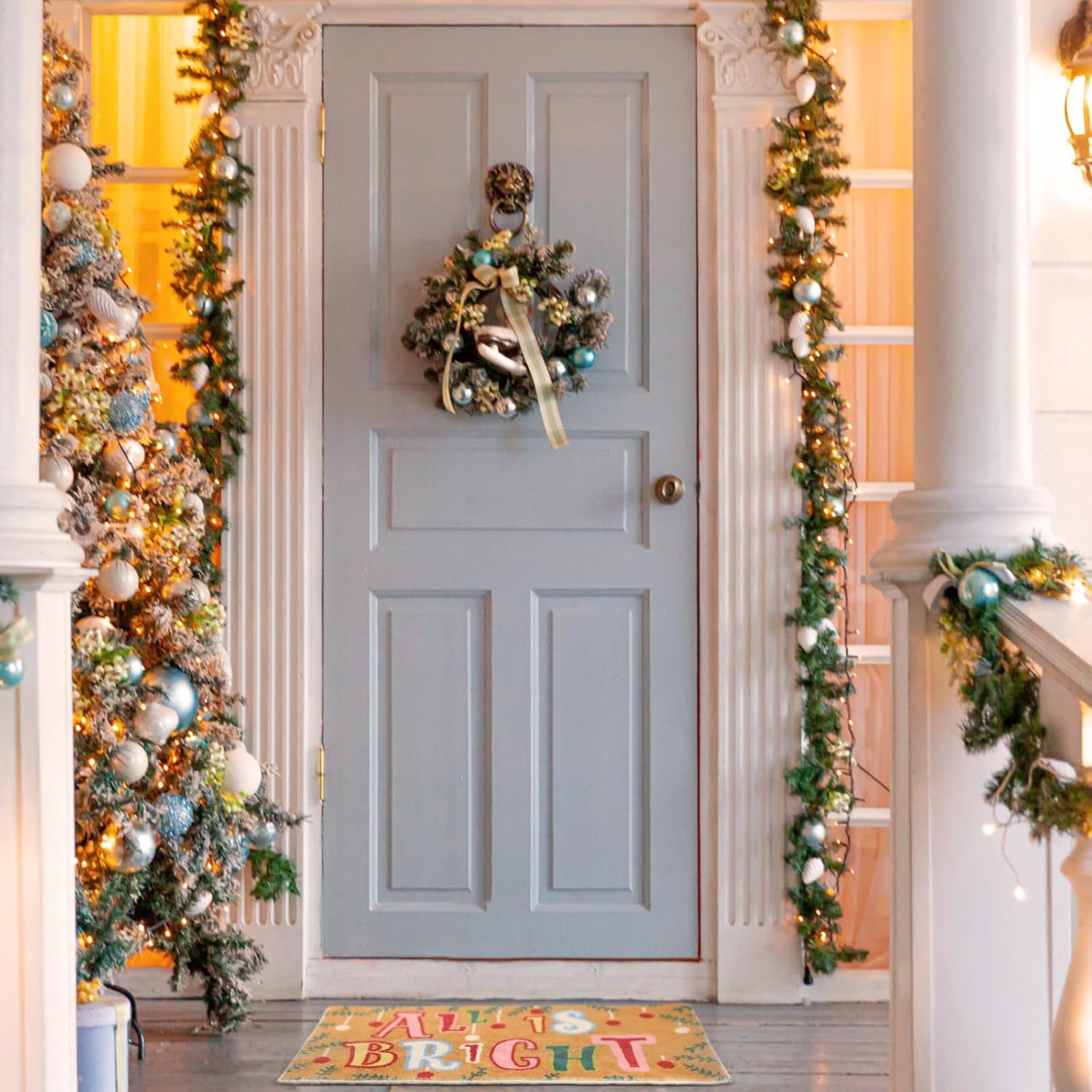 Timgle Tapete de puerta de Navidad de felpa colorida, decoración brillante, tapete de bienvenida para interiores y exteriores, antideslizante, con