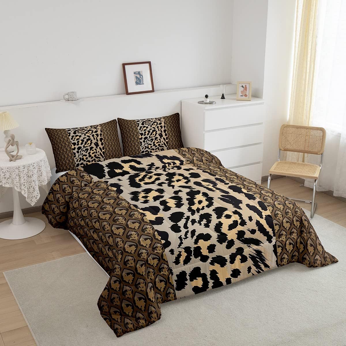 Erosebridal Juego de edredón con estampado de leopardo, juego de ropa de cama de guepardo marrón con estampado de animales, juegos de edredón de