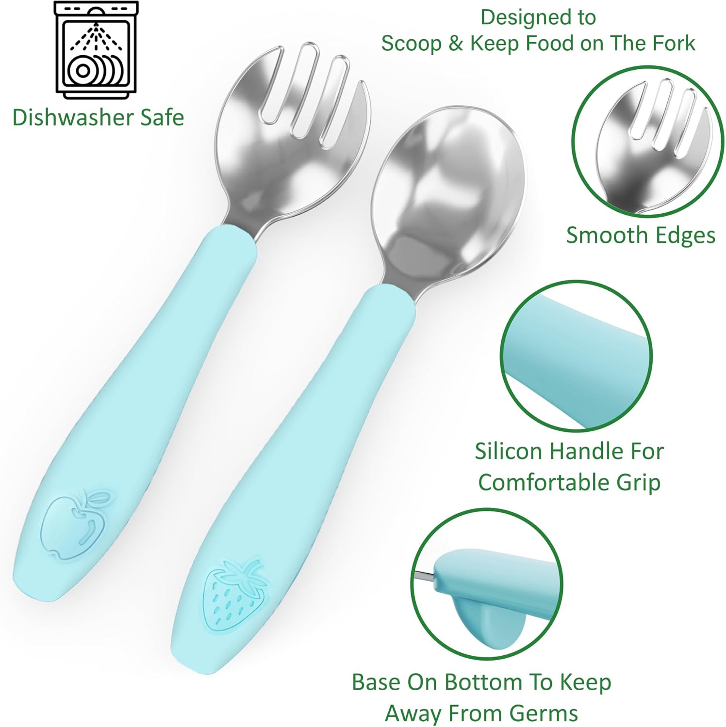 CHILLOUT LIFE Utensilios para niños pequeños, cubiertos para niños con mango de silicona, tenedores y cucharas de metal de acero inoxidable, seguro