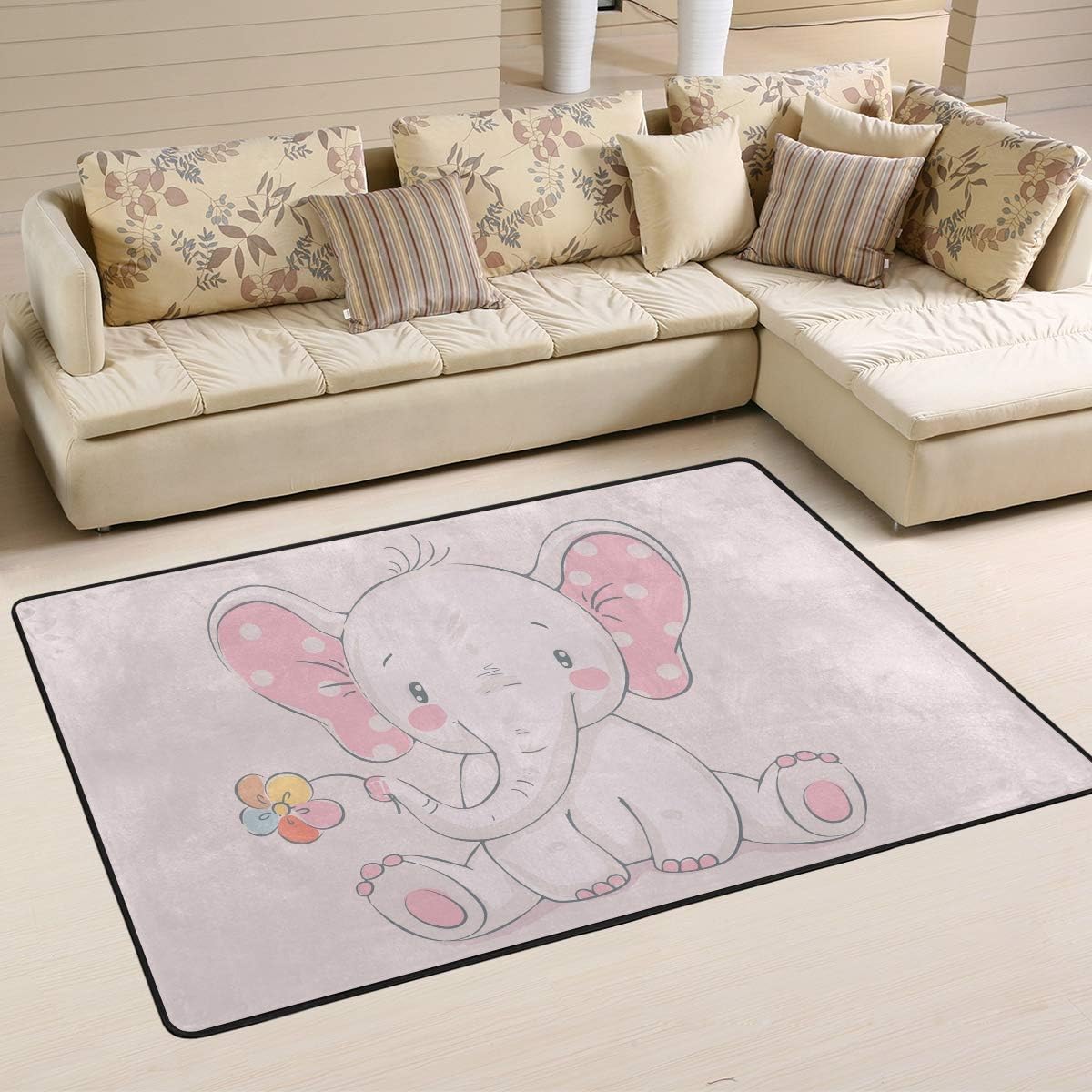 STAYTOP Alfombra para habitación de bebé y sala de juegos, diseño de elefante rosa y flor, tapete de yoga para suelo de niños, 4 x 6 pies (48 x 72