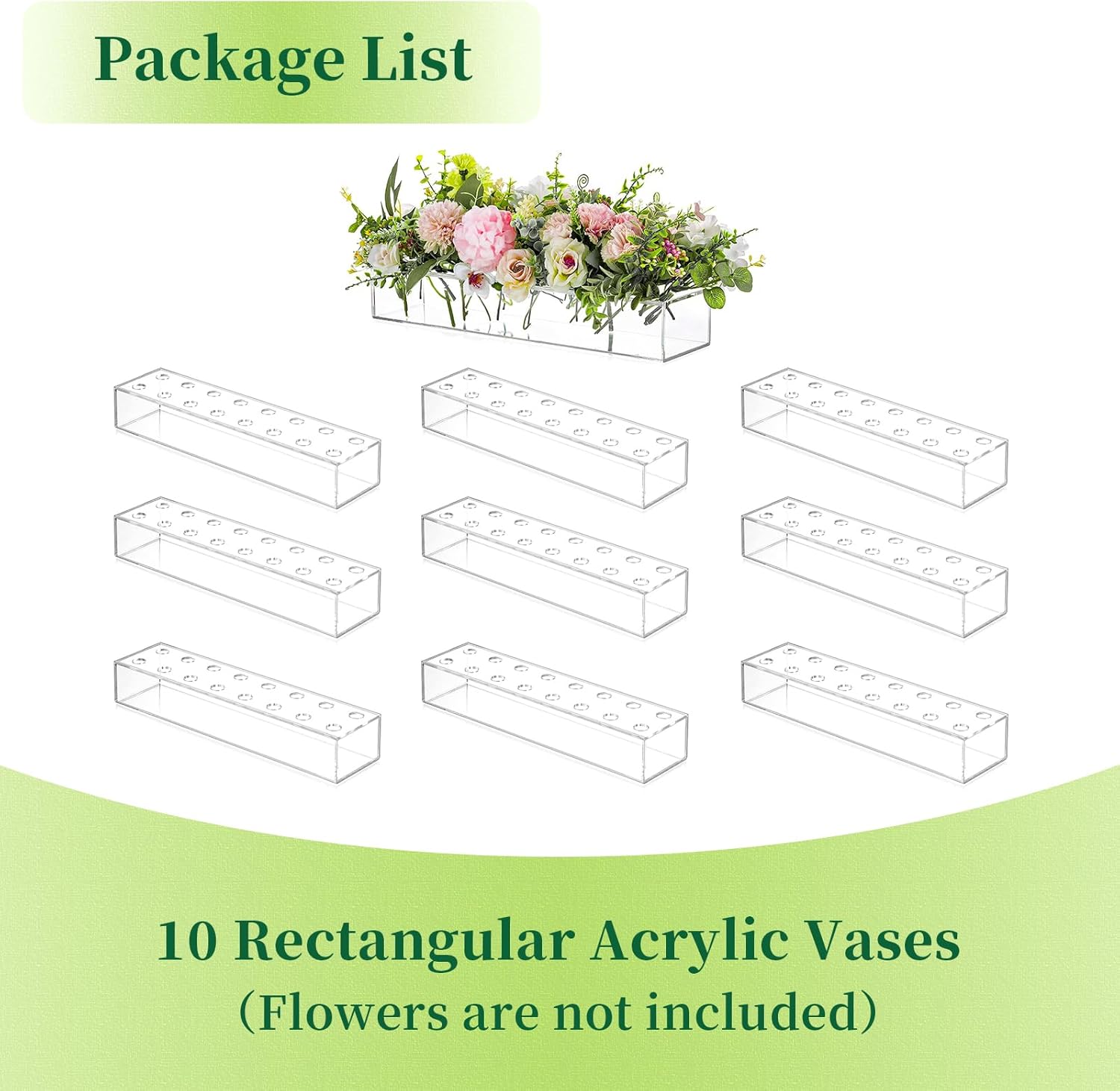 Jarrones rectangulares de acrílico para centros de mesa, florero floral de 16 pulgadas de largo con agujeros para flores, bandeja rectangular