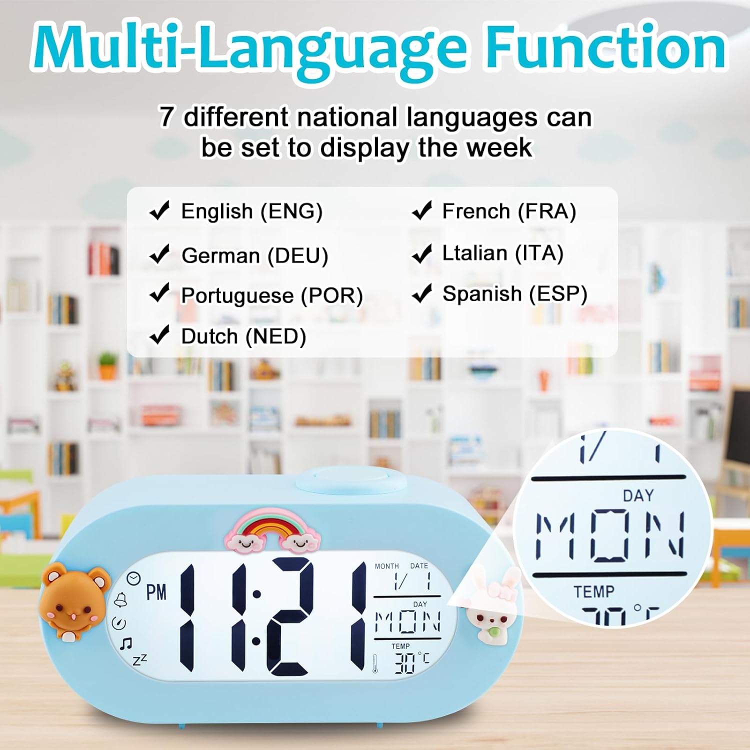 Potuopy Reloj despertador para niños, despertador digital con repetición, lámpara sónica, temporizador, 8 tonos de llamada, 1224 horas, reloj