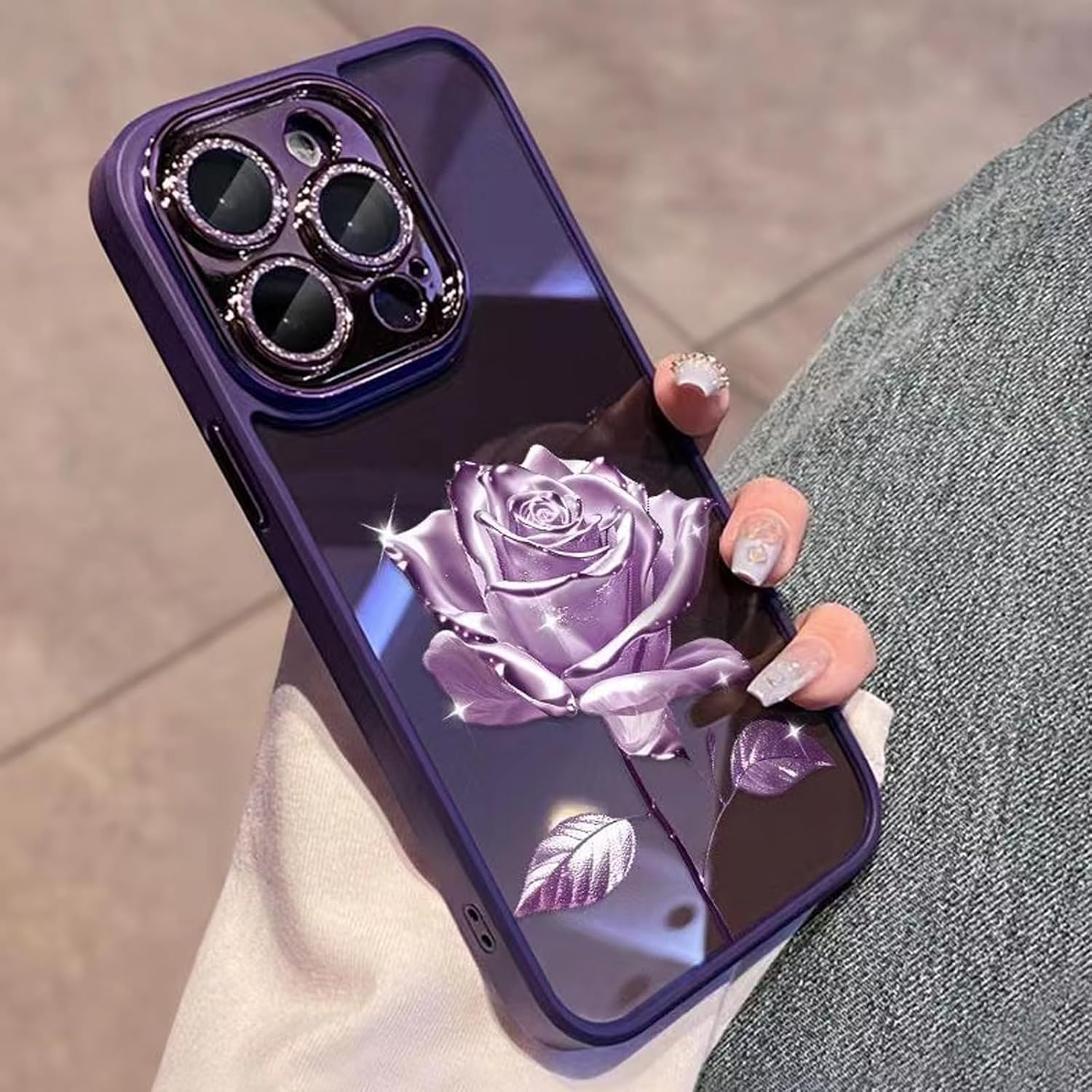 Changjia Funda transparente para iPhone 15 Pro Max, diseño floral con purpurina brillante y protector de lente de cámara, TPU a prueba de golpes,