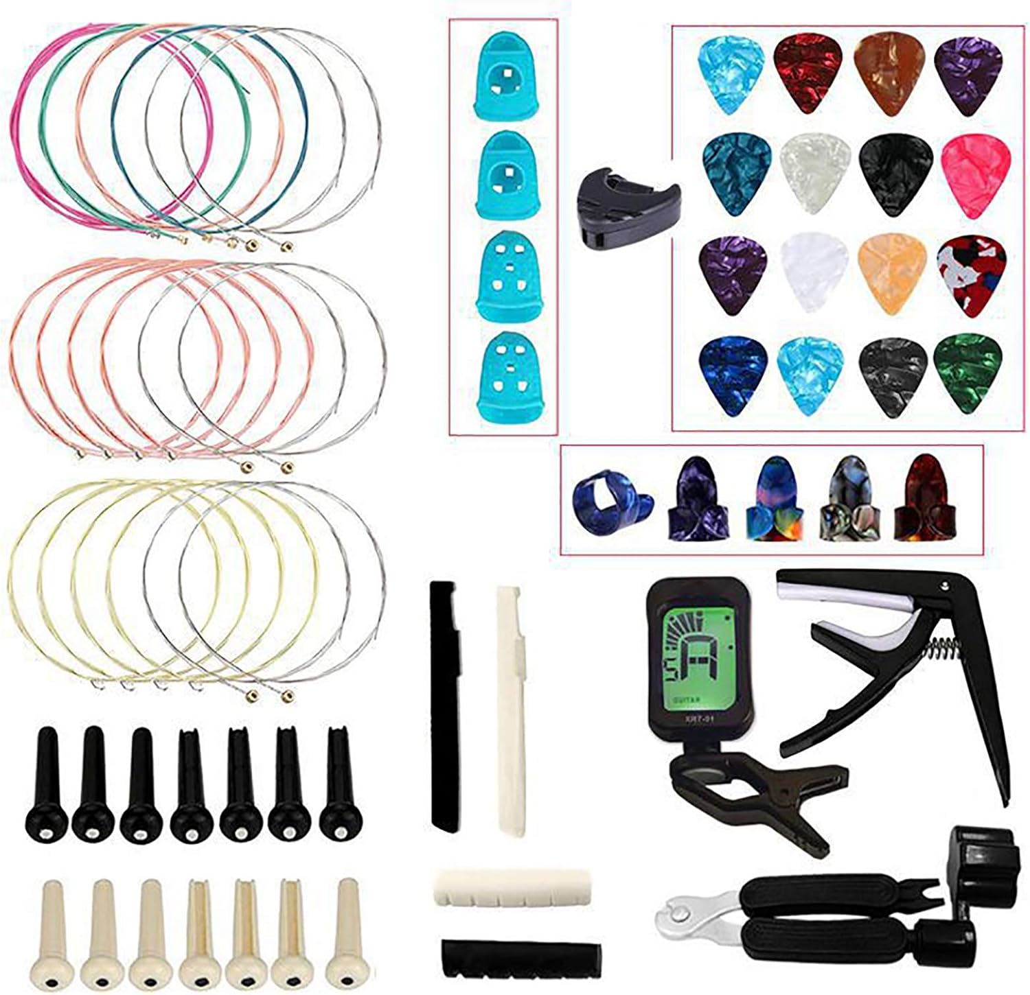 Kit de accesorios de guitarra de 65 piezas, incluyendo cuerdas de guitarra, púas, cejilla, púas de dedo del pulgar, enrollador de cuerda, pasadores