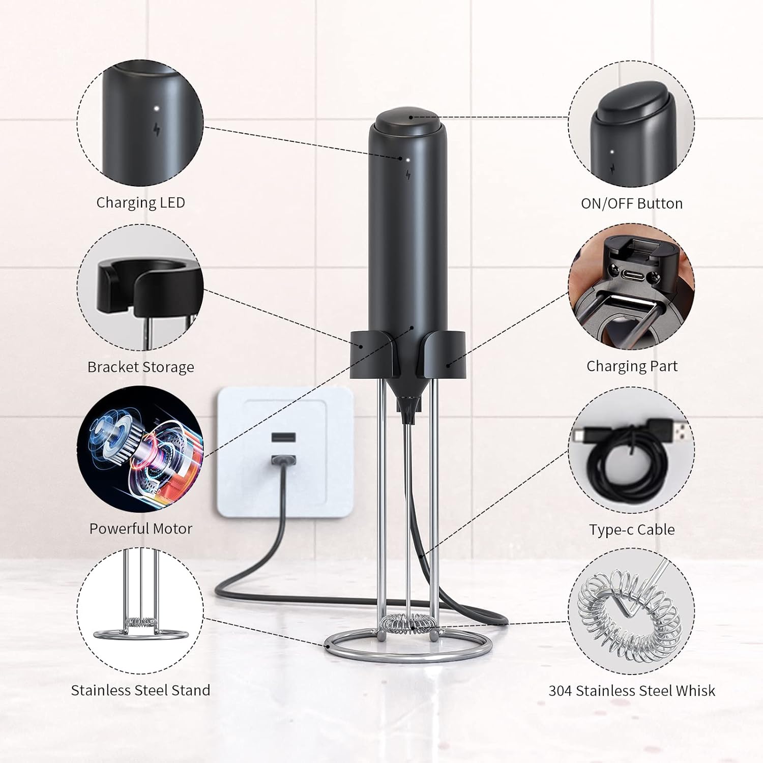 Espumador de leche recargable de mano, espumador de café AdanZst de mano con soporte de carga USB, mezclador eléctrico de mano, mini batidor