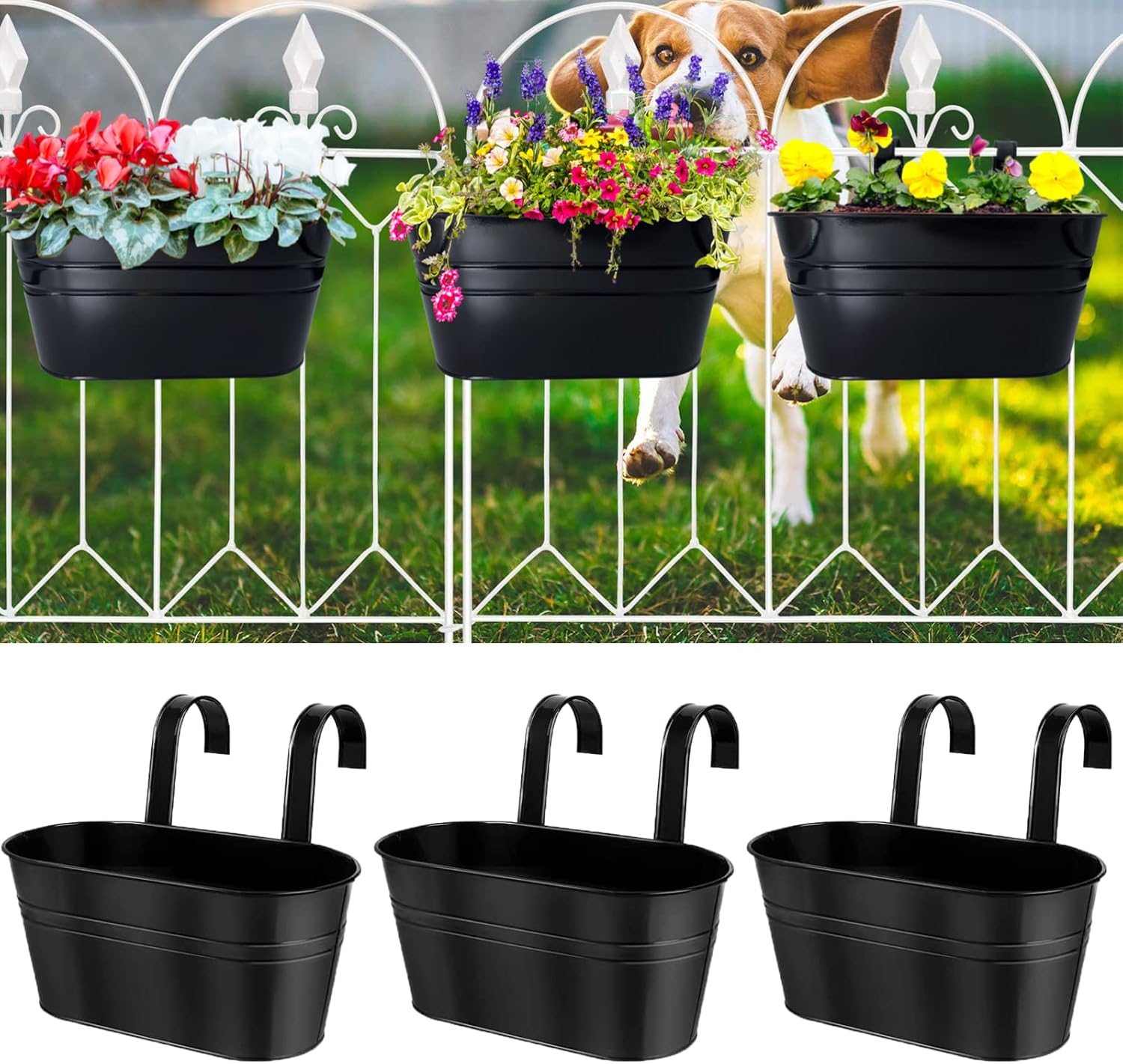 behen bahen 3Pcs Metal Wall Planters,10 inches Oval Metal Railing Planter, Balcony Railing Hanging Plant Pot, Indoor Outdoor Hanging Plant Pot