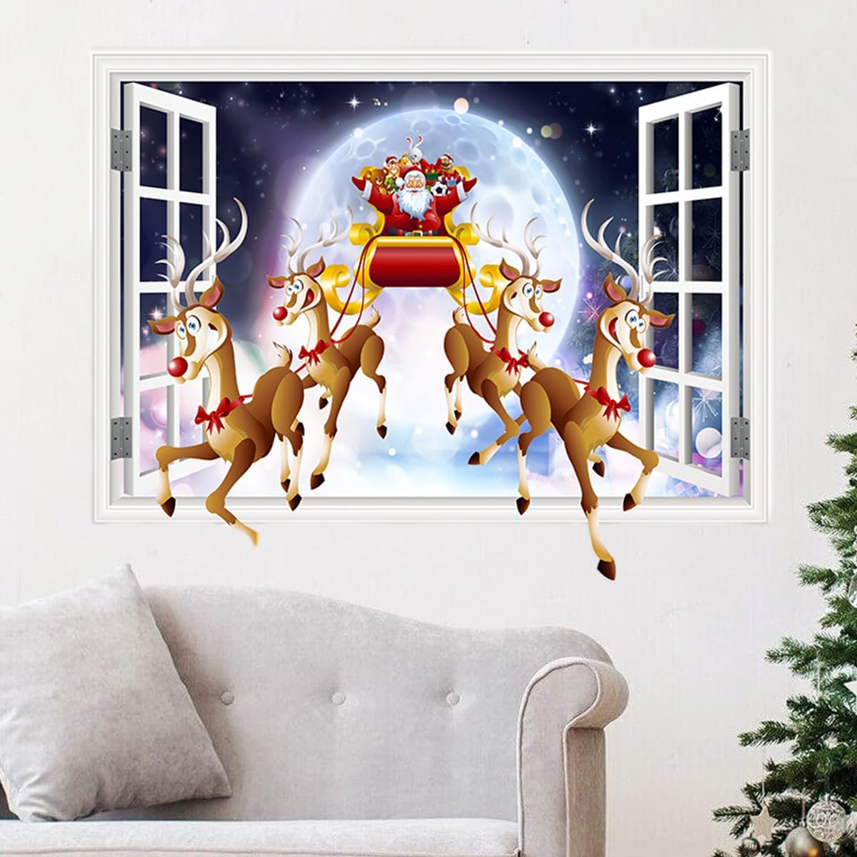 Calcomanías de pared de Navidad 3D, calcomanías de pared de Navidad de renos de Papá Noel, removibles, calcomanías de pared de Navidad para Navidad,