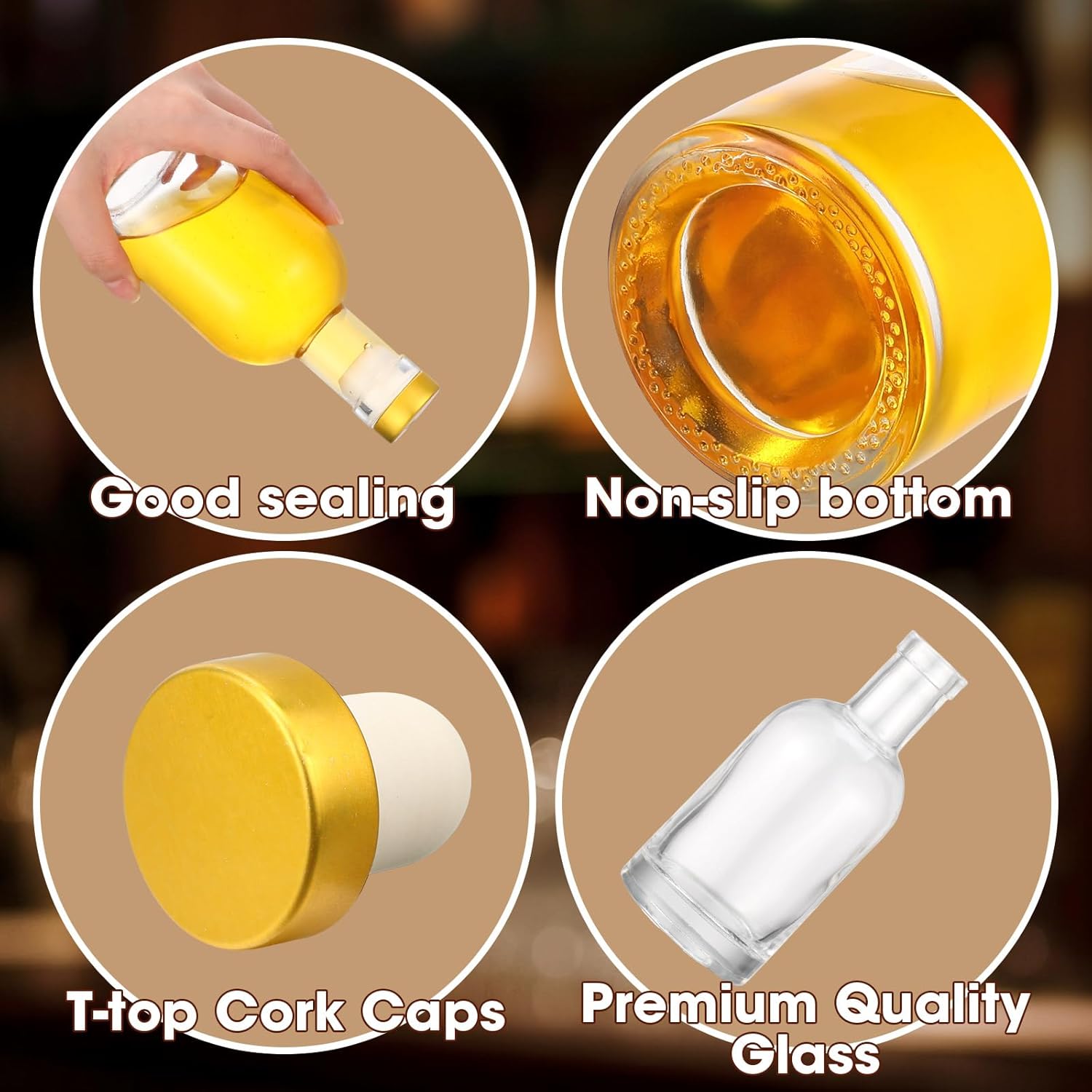 Dandat 24 botellas de vidrio transparente de 3 onzas con tapa hermética en T Top, botellas de vino de 3.4 fl oz, botellas de salsas de fondo pesado,