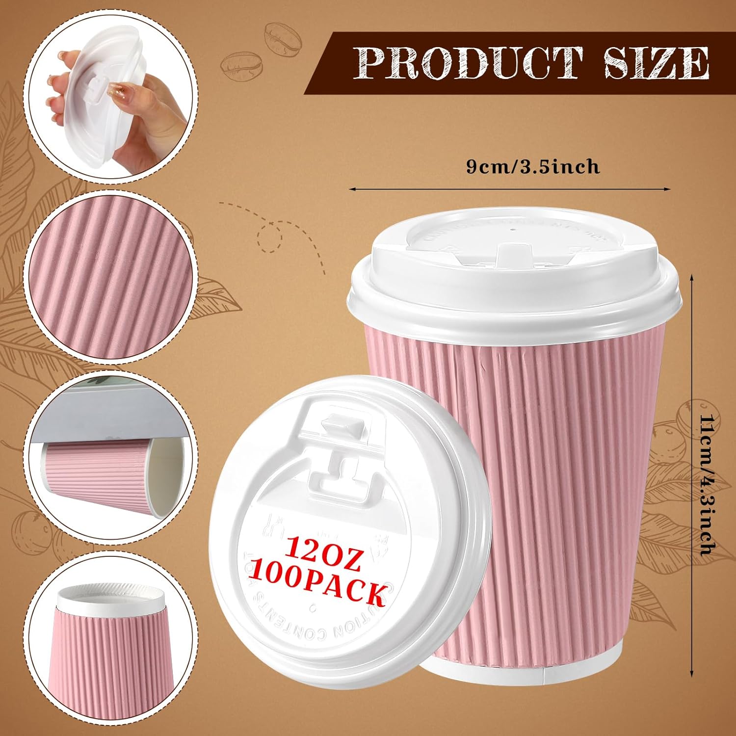 Tioncy 100 tazas de café desechables con tapas, tazas de papel, onduladas corrugadas, aisladas en la pared, tazas calientes con tapas para café,