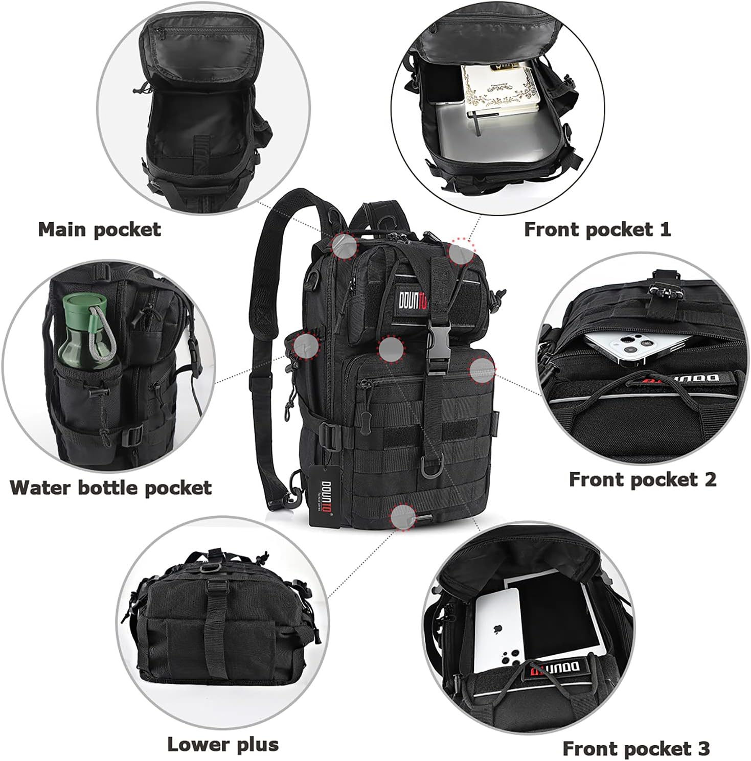Mochila táctica mediana EDC DayPack Militar Molle Mochilas Mochila al aire libre Mochila para Pesca Caza Camping, Negro -, Mochila táctica militar