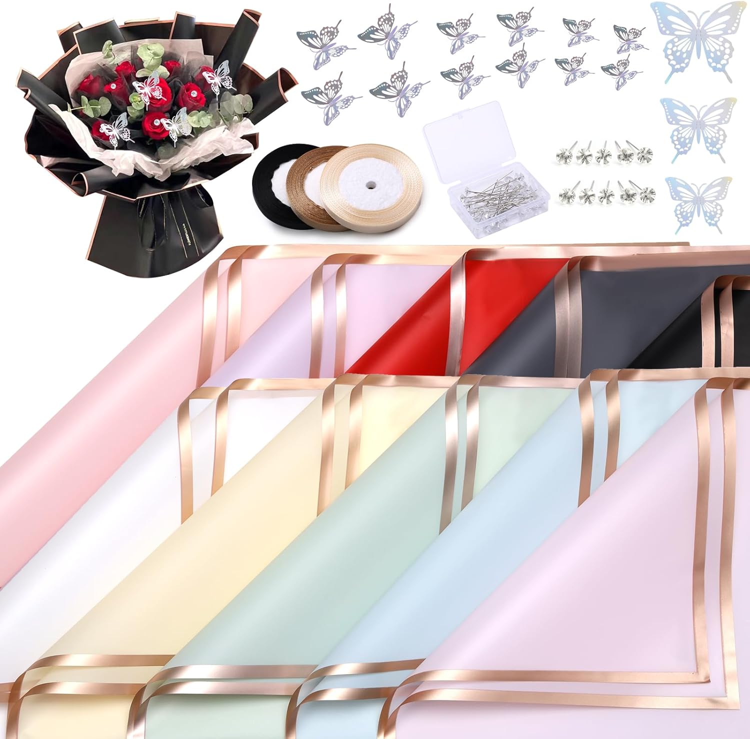 SOCNITC 50 hojas de papel de regalo de flores, 10 colores de borde dorado, papel de regalo floral impermeable, papel de regalo de ramo de estilo