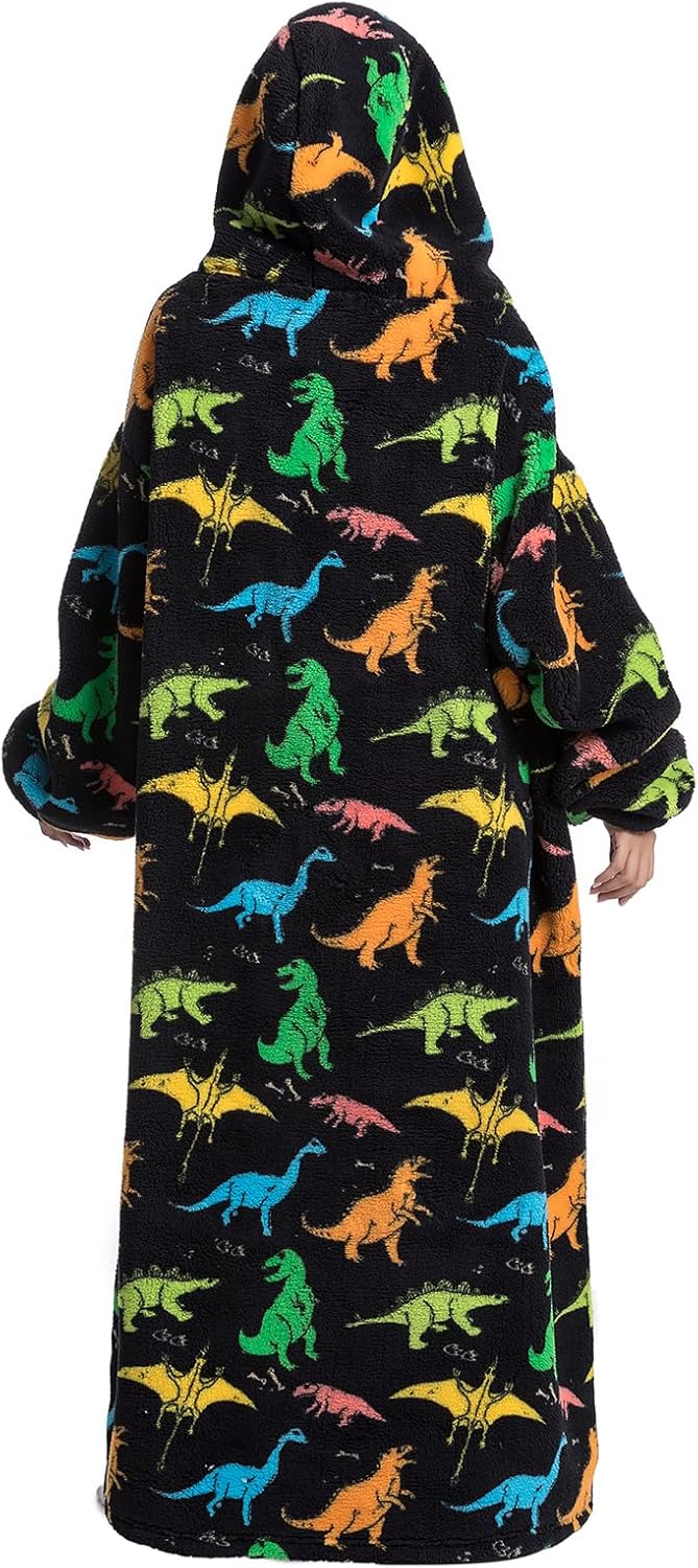 ZAJIO Manta larga con capucha para adultos, hombres y mujeres, súper suave y cálida, de franela Sherpa con mangas de bolsillo, dinosaurio multicolor