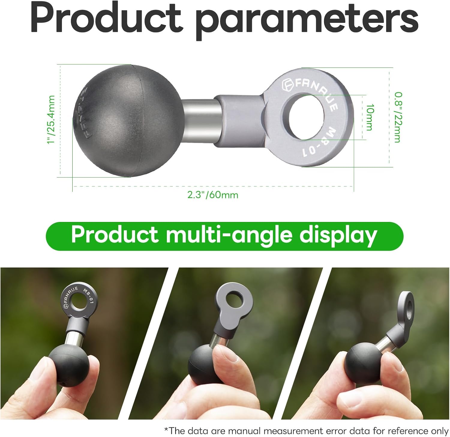 FANAUE Base de bola con adaptador de cabeza de perno en ángulo con orificio de montaje de 0.394 pulgadas, base de montaje de aleación de aluminio