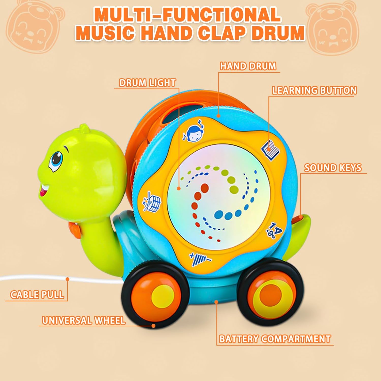 Juguete musical de tortuga para bebés de 6 a 12 meses, juguetes musicales para gatear con tambor de mano ligero y sonido, regalos educativos de