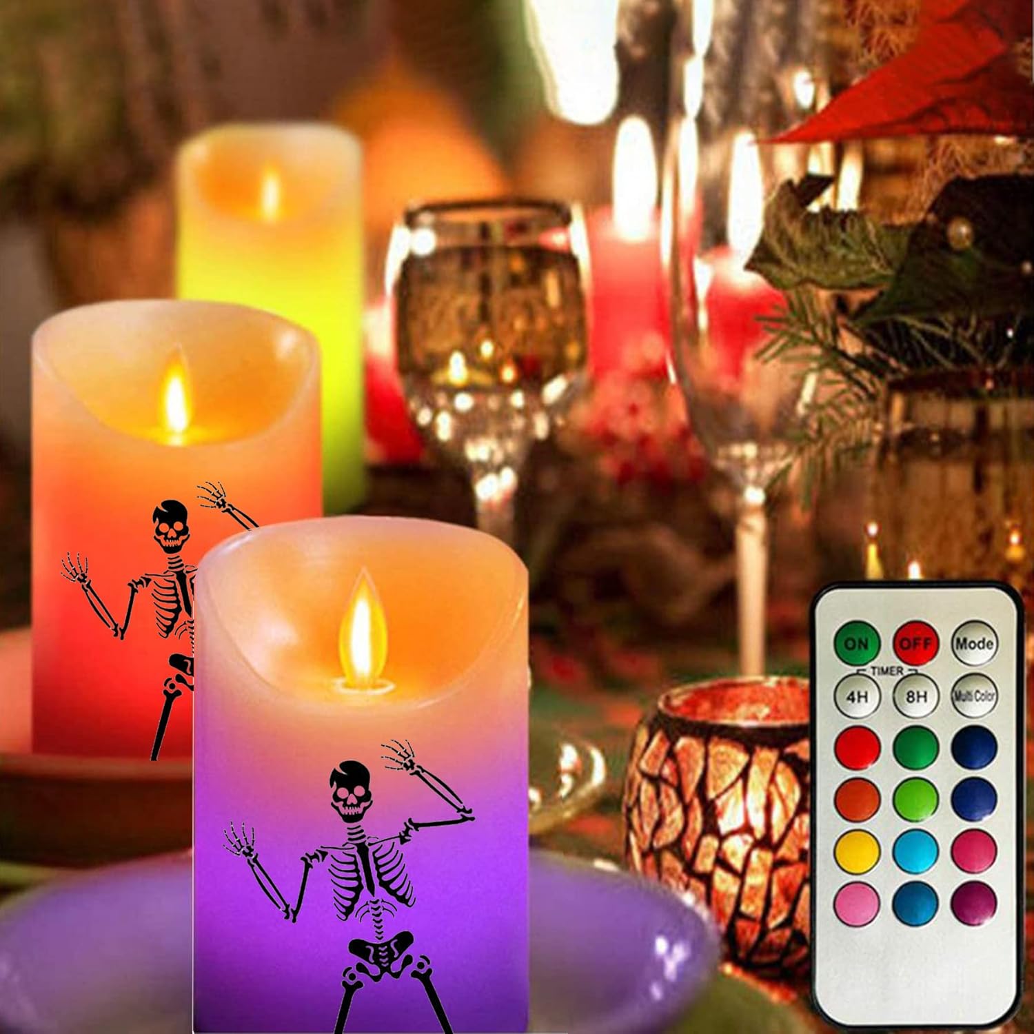Encanto – Vela milagrosa de plástico LED mágica sin llama con llama móvil, 12 modos de vela sin humo (con control remoto de calavera milagrosa)