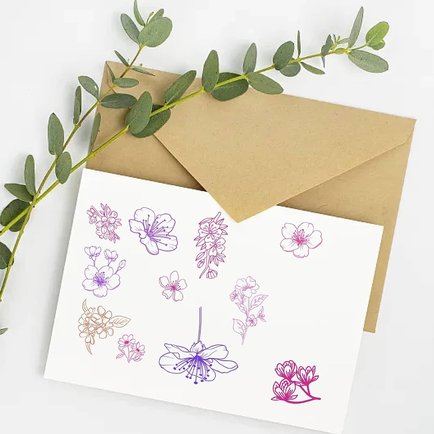 CRASPIRE Sello de goma transparente con diseño de flores de cerezo y plantas retro, sello de silicona transparente Sakura para hacer diarios,