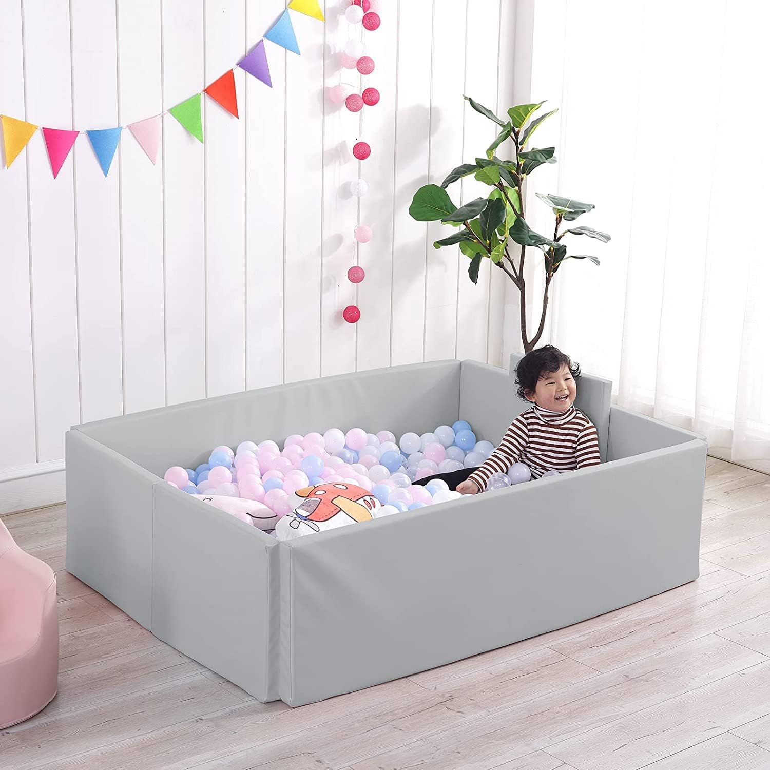 TRENDBOX Piscina de bolas de espuma suave súper grande plegable de esponja para gatear, parque infantil, rosa y gris (2-gris)