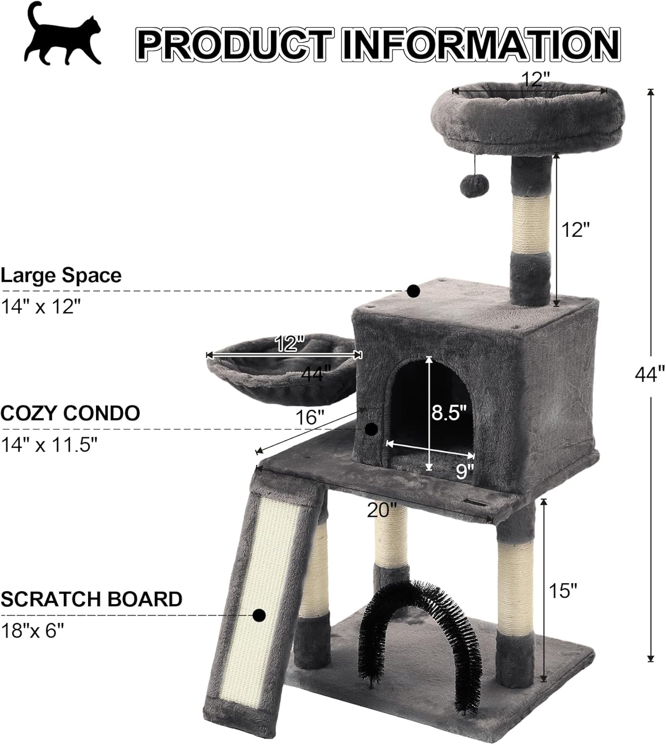HOOPET Árbol para gatos, torre para gatos de 44 pulgadas para gatos de interior, centro de actividades para gatos de varios niveles con postes y