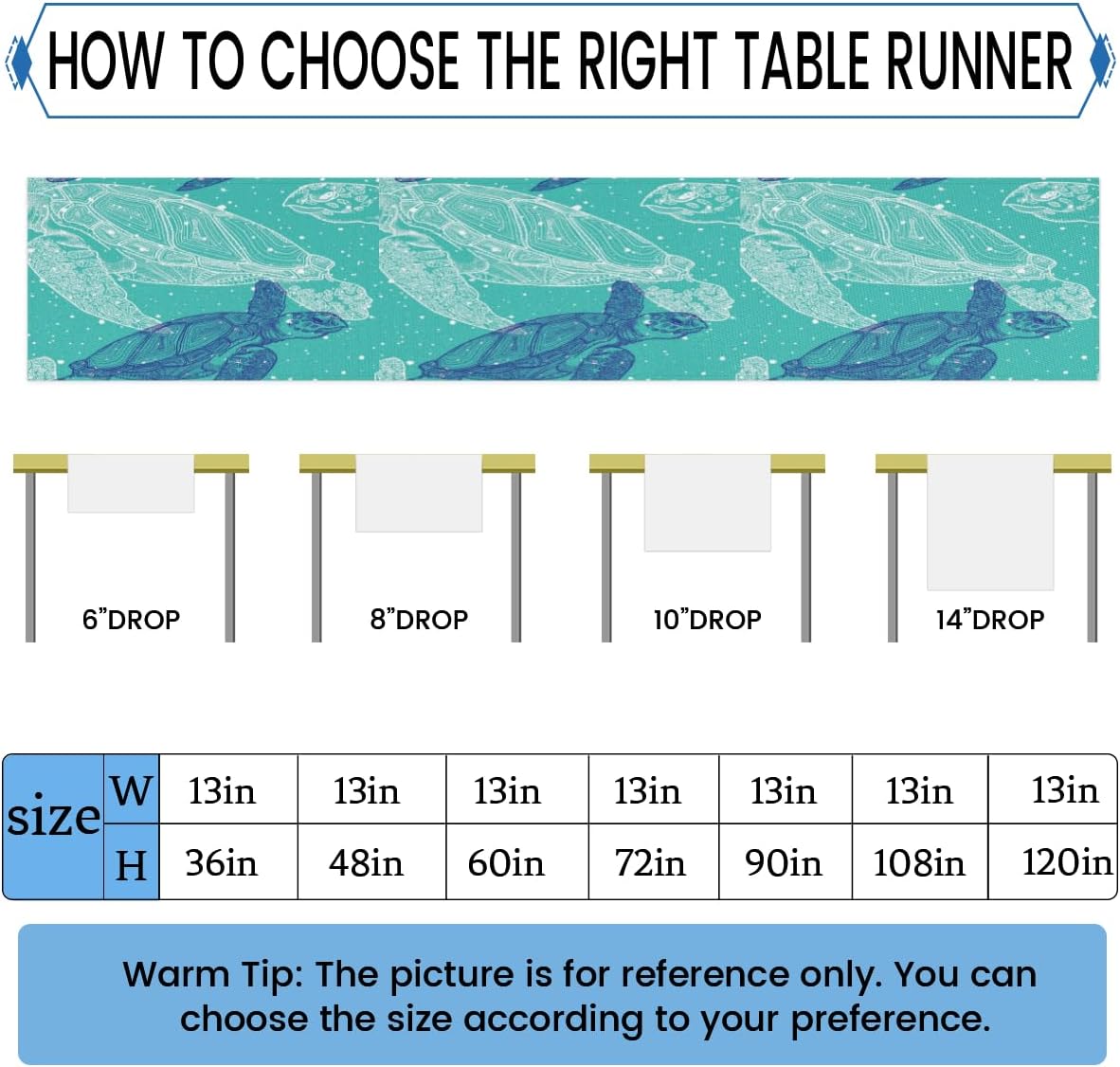 Table Runner Abstract Ocean Turtle, Rustic Linen Table Cloth, Kitchen Dining Table Decoration for Home Party Decor 13 x 48 Inches