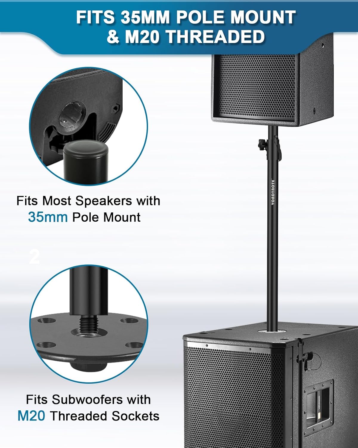 Vondynote Juego de 2 postes de altavoz para subwoofer de altura ajustable, montaje roscado M20 y extensor de altavoz de montaje de 1.378 in con