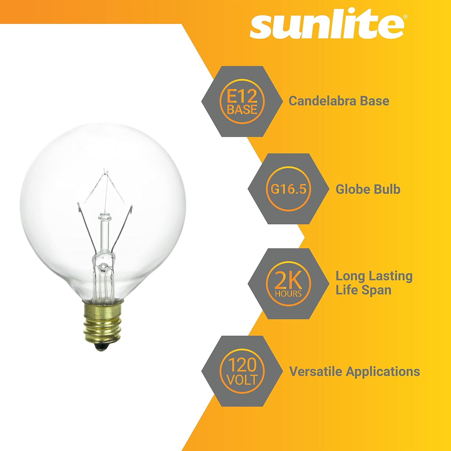 Sunlite Bombilla incandescente G16.5 de globo transparente, 25 vatios, 180 lúmenes, 120 voltios, base de tornillo de candelabro E12, compatible con