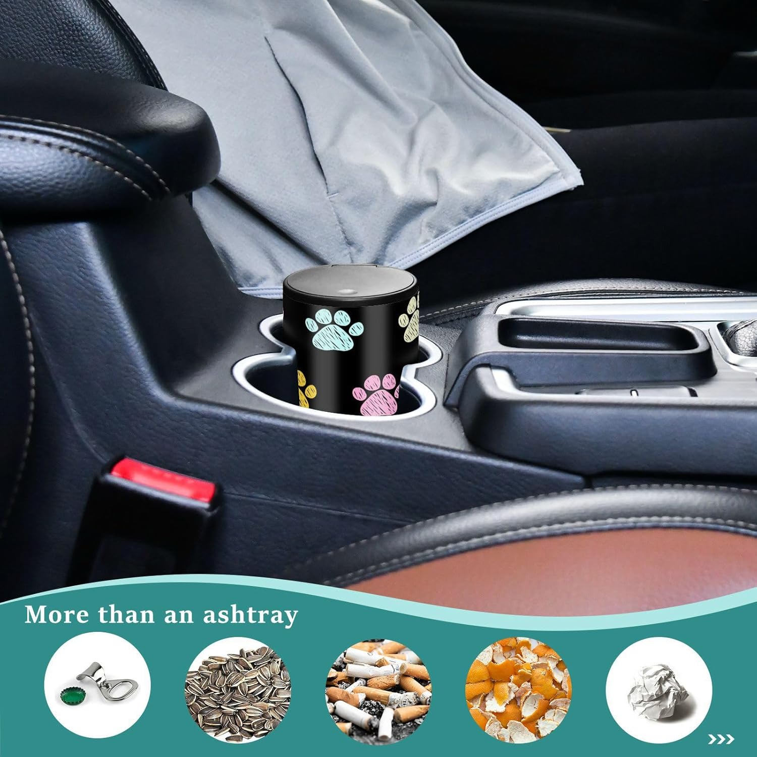Blueangle Cenicero de auto con diseño de pata de perro, cenicero automático desmontable con tapa, mini bote de basura para portavasos de automóvil,