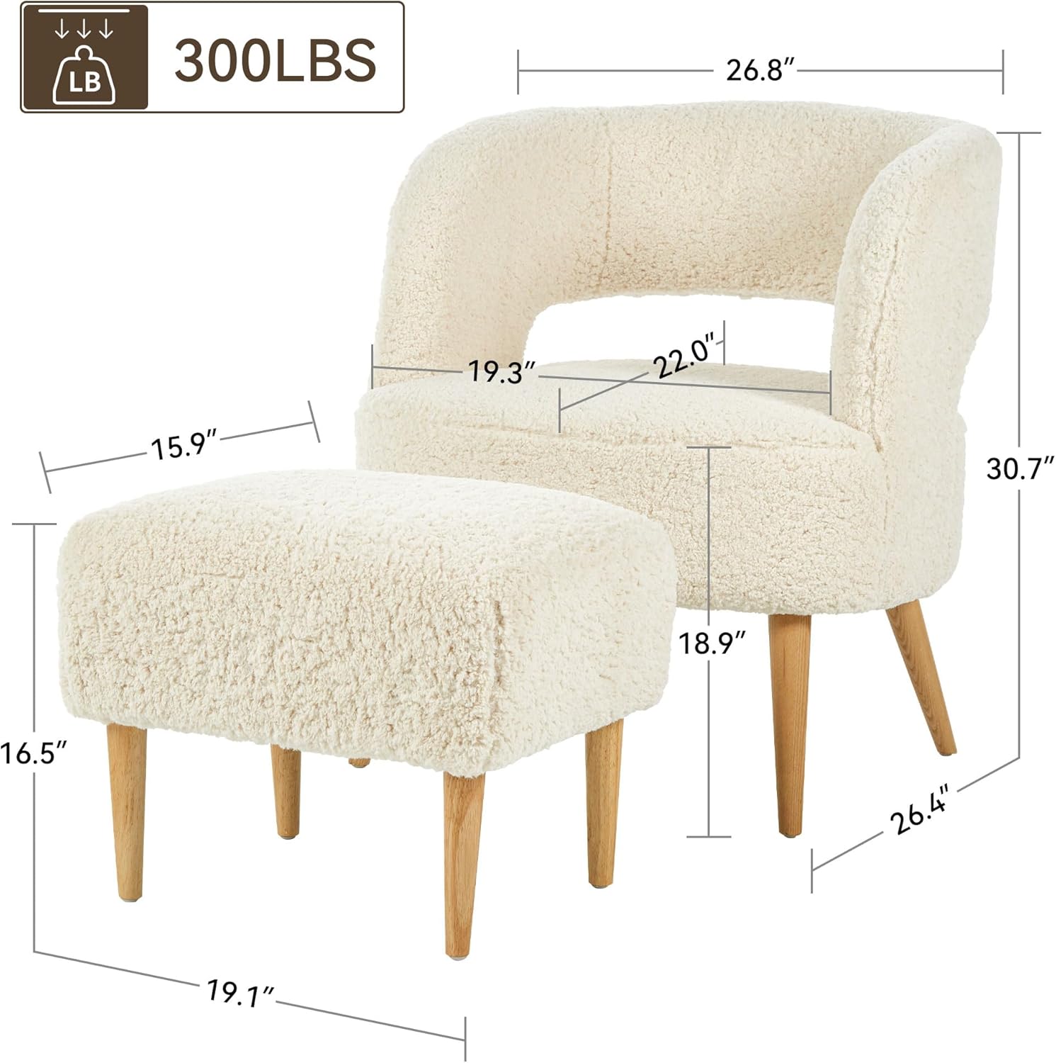 Silla decorativa con sillón otomano tapizado de vellón de peluche de mediados de siglo, sillas modernas y cómodas con patas de madera para sala de
