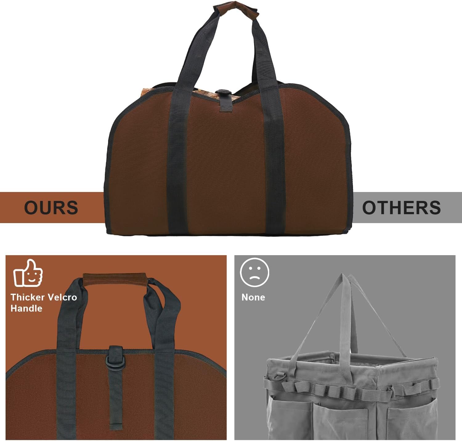 Hongmai Portador de leña con asas, bolsa de lona para leña con asas, soporte para leña para chimenea, bolsa transportadora de leña para interiores,