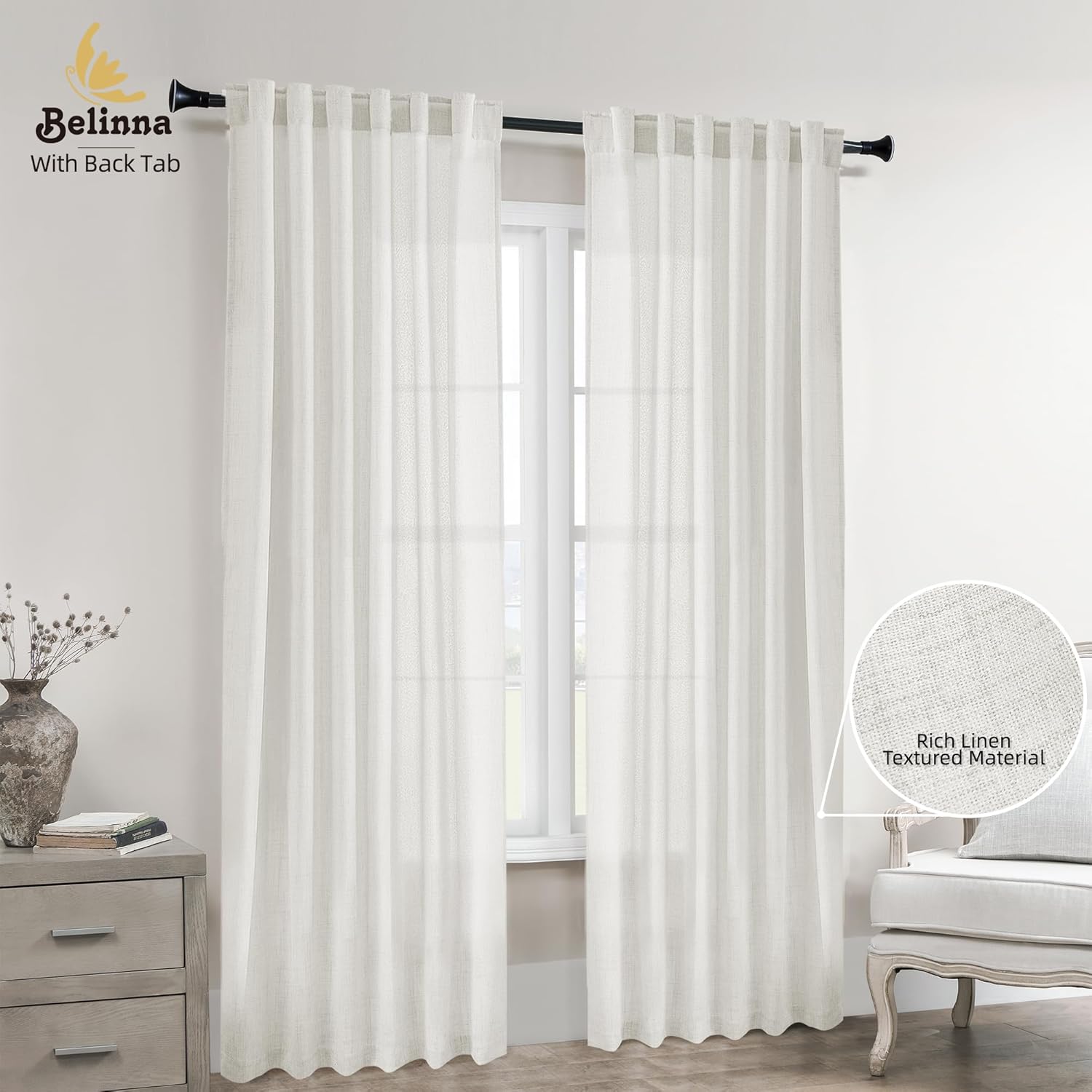 Cortinas de lino con pestaña trasera de 96 pulgadas de largo para sala de estar, cortinas semitransparentes para privacidad para dormitorio,
