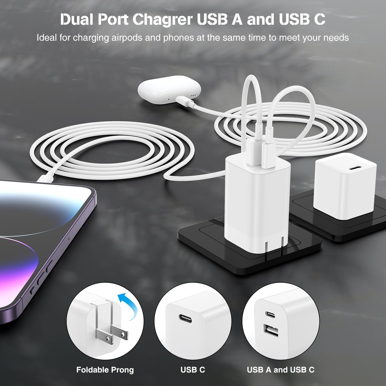 Paquete de 4 cargadores rápidos USB C 20 W PD de carga rápida de bloque de caja de cubos de enchufe y cargadores de pared dobles USB A+C de 12 W,