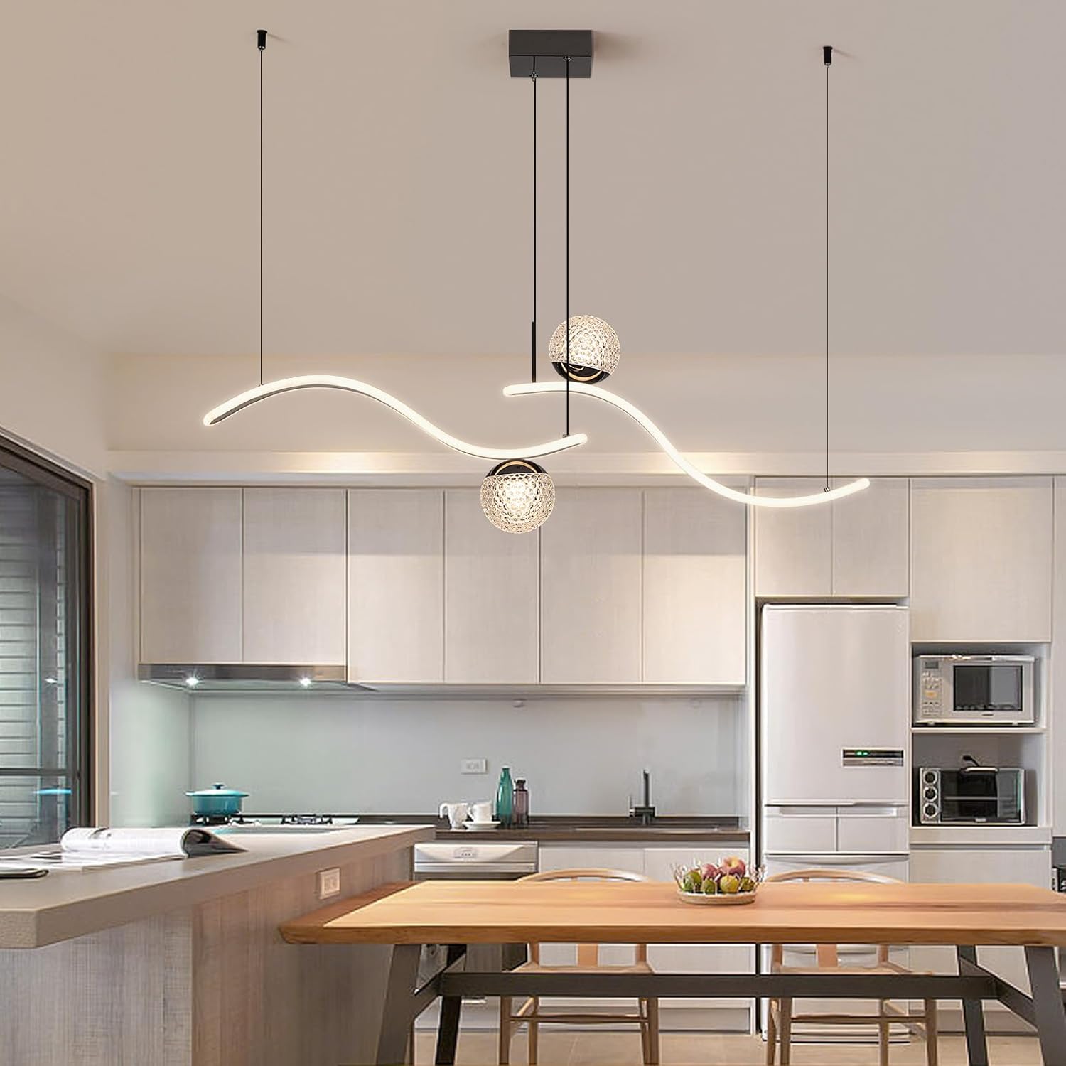 Lámpara colgante moderna con forma de globo, lámpara colgante LED negra regulable, lámpara colgante de isla de cocina ondulada, luces colgantes para