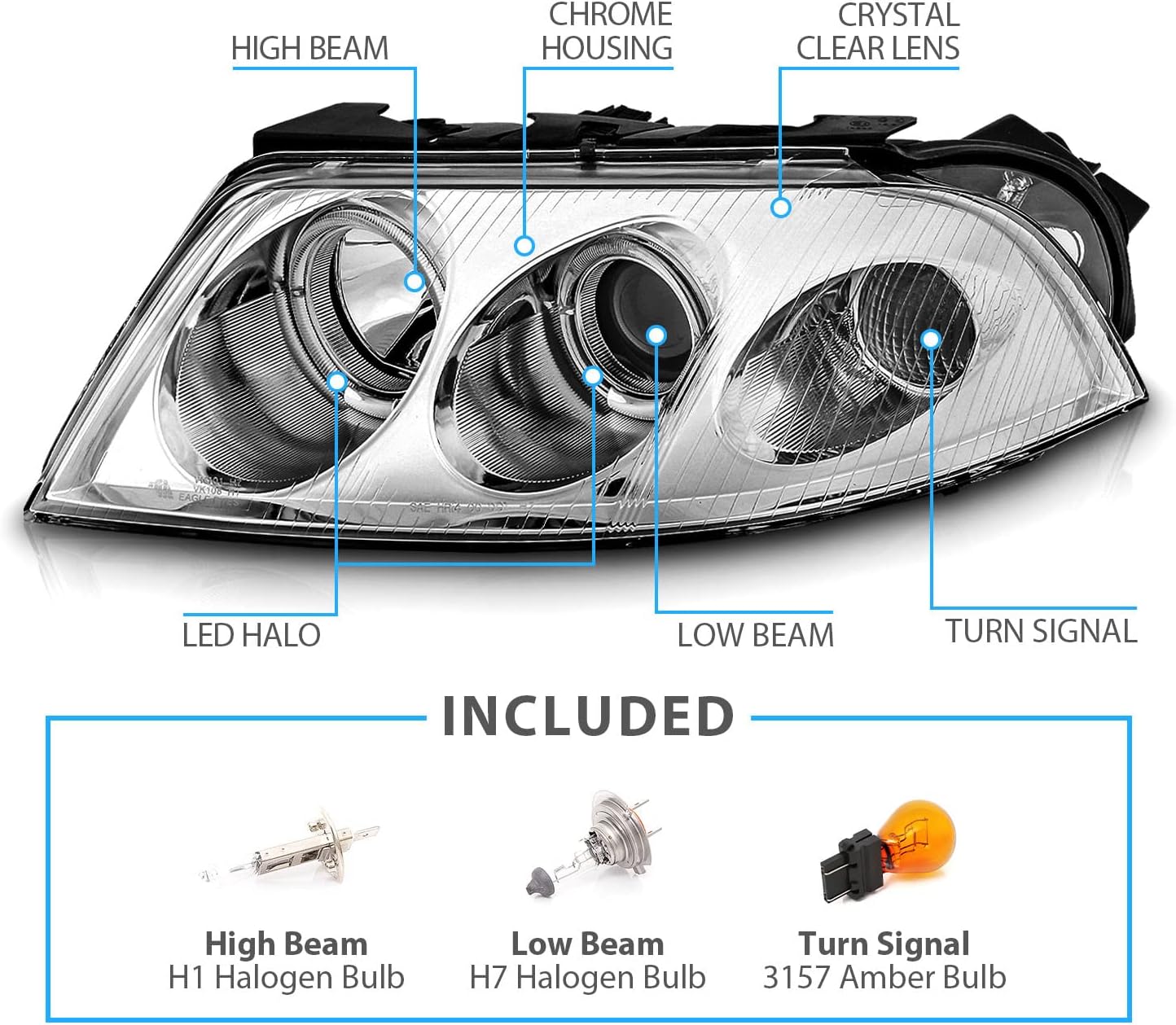 AmeriLite Faros delanteros de repuesto para proyector con halo LED dual cromado para Volkswagen Passat B5.5 02-05 – lado del pasajero y del conductor