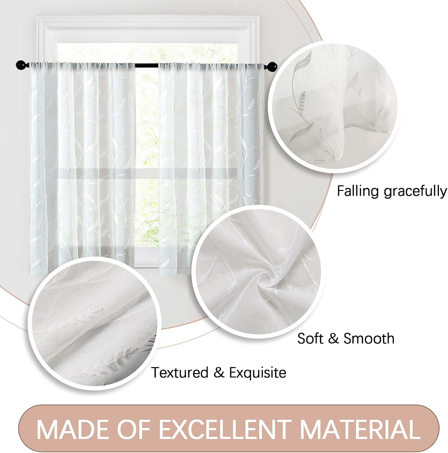 MRTREES Cortinas de cocina de 36 pulgadas con bordado de hojas blancas, cortinas cortas de Navidad para ventanas, 2 paneles con bolsillo para barra,