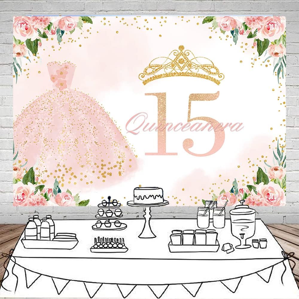 Mocsicka Telón de fondo de cumpleaños de quinceañera para niña, decoración de fiesta de cumpleaños con texto en inglés “Mis membrillo anos”, color
