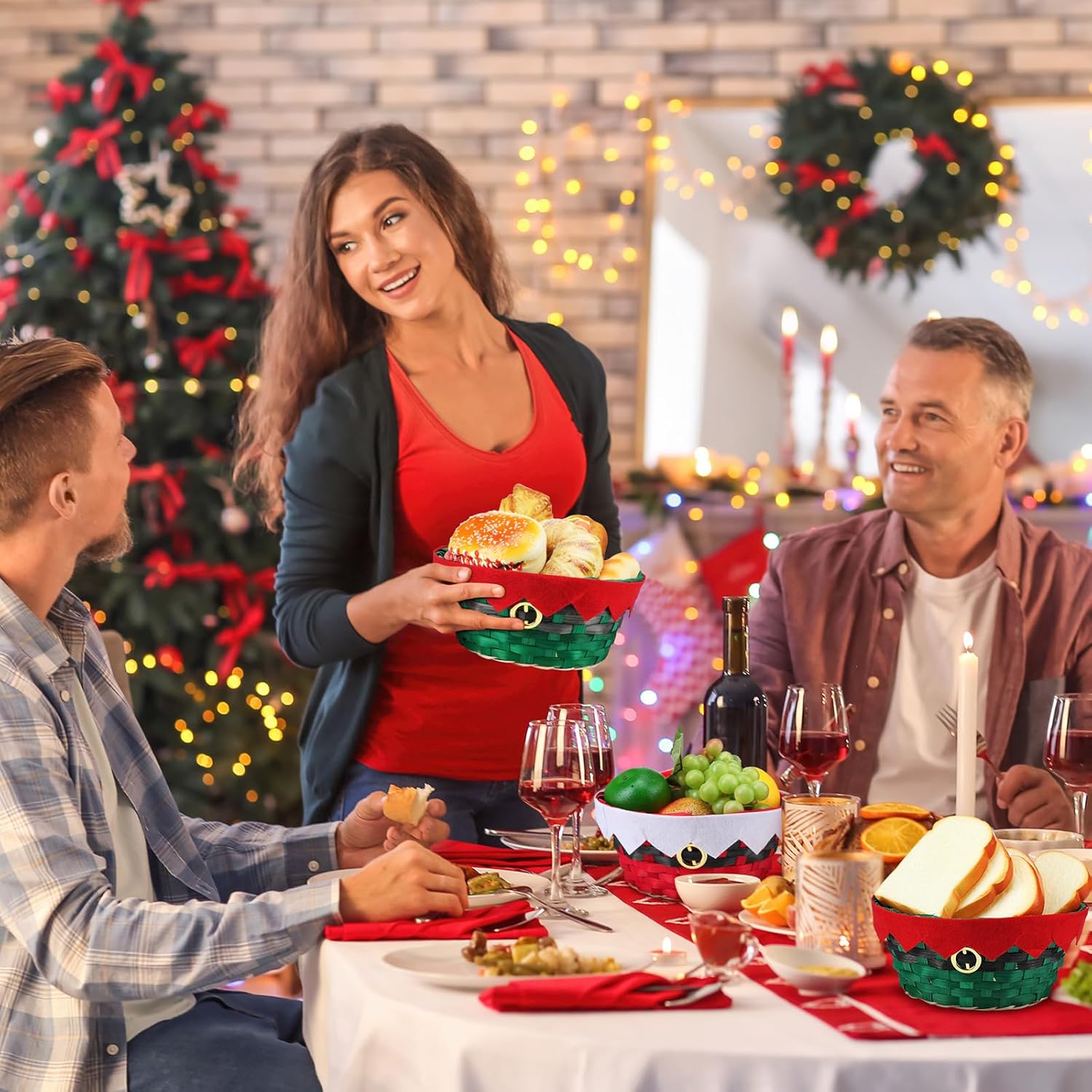 Roowest Cestas redondas de bambú de regalo de Navidad, cestas tejidas para regalos, cestas de personajes de vacaciones, cestas de regalo decorativas