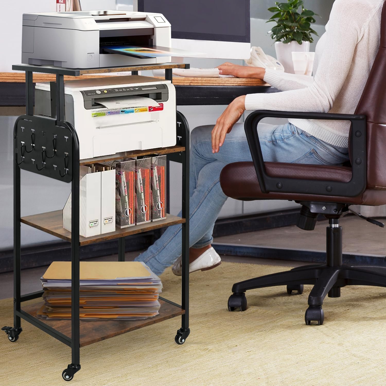 Soporte de impresora de 4 niveles con ruedas, estante grande con altura ajustable, organización de almacenamiento multiusos para oficina en casa,