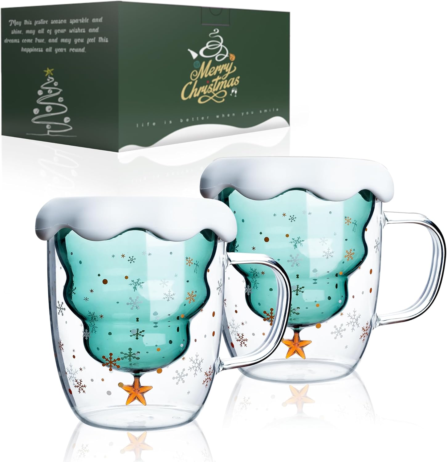 LIBWYS Paquete de 2 tazas de café de Navidad, tazas de vidrio de borosilicato de doble pared con tapa de copo de nieve, juego de tazas lindas para