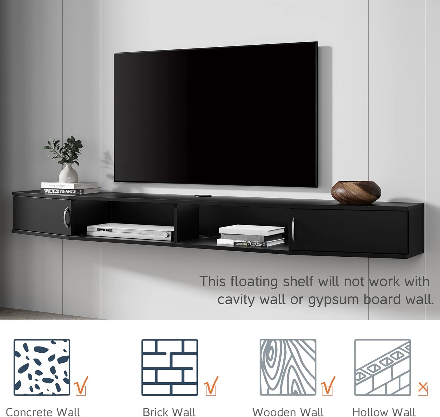 WAMPAT Soporte de TV flotante con estación de carga, estante de TV montado en la pared con luces azules, consola multimedia de madera, centro de