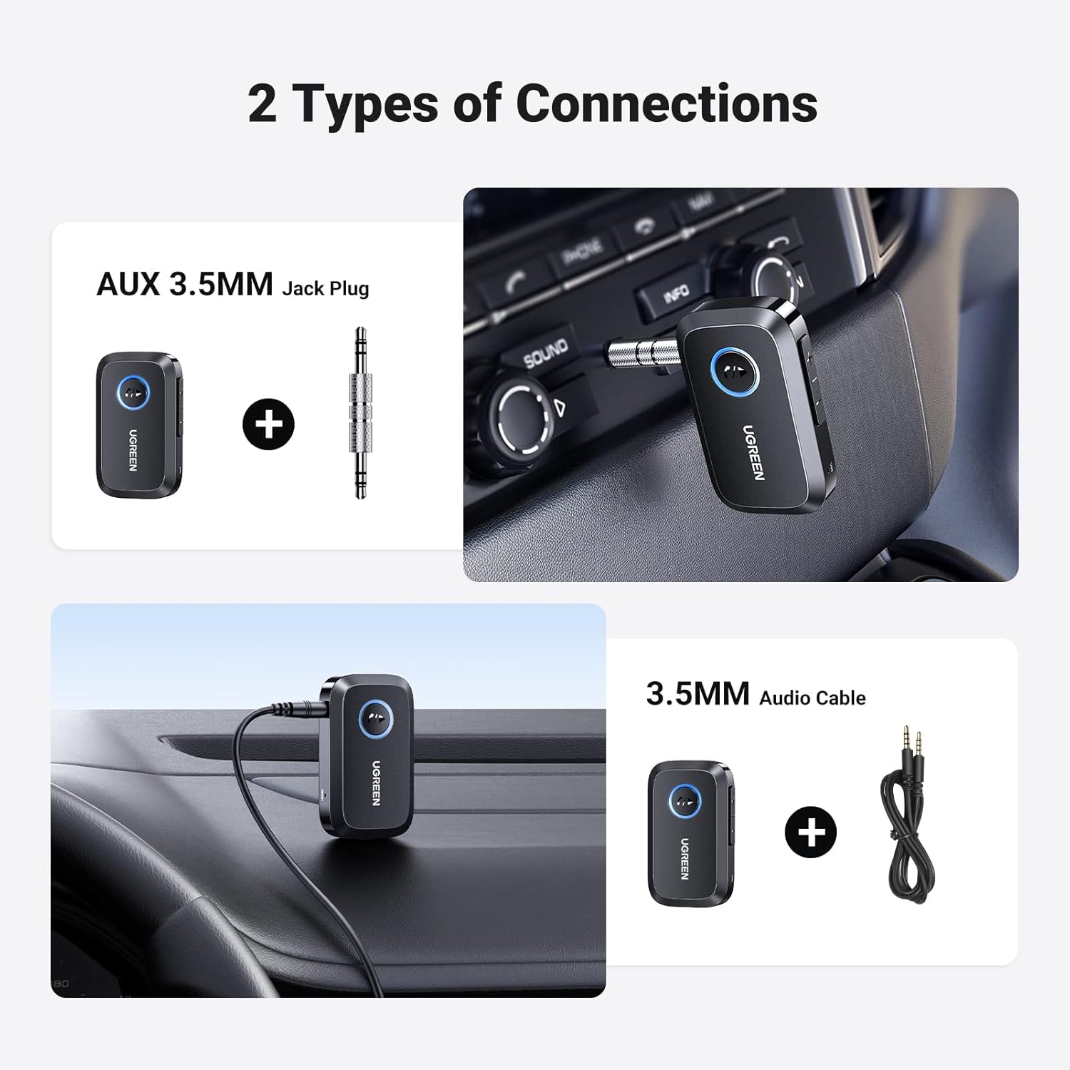 UGREEN Adaptador Bluetooth auxiliar 5.3 para coche, mayor conexión Adaptador auxiliar Bluetooth para automóvil, Bluetooth aux para receptor de audio