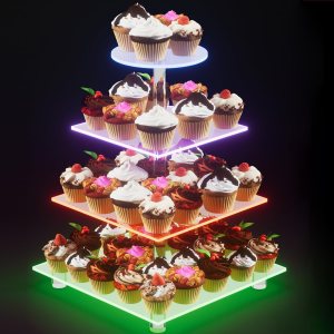 Soporte acrílico para cupcakes, 4 niveles recargable LED para postres, torre de cupcakes para Halloween, Navidad, boda, fiesta, baby shower y Soporte acrílico para cupcakes, 4 niveles recargable LED para postres, torre de cupcakes para Halloween, Navidad, boda, fiesta, baby shower y