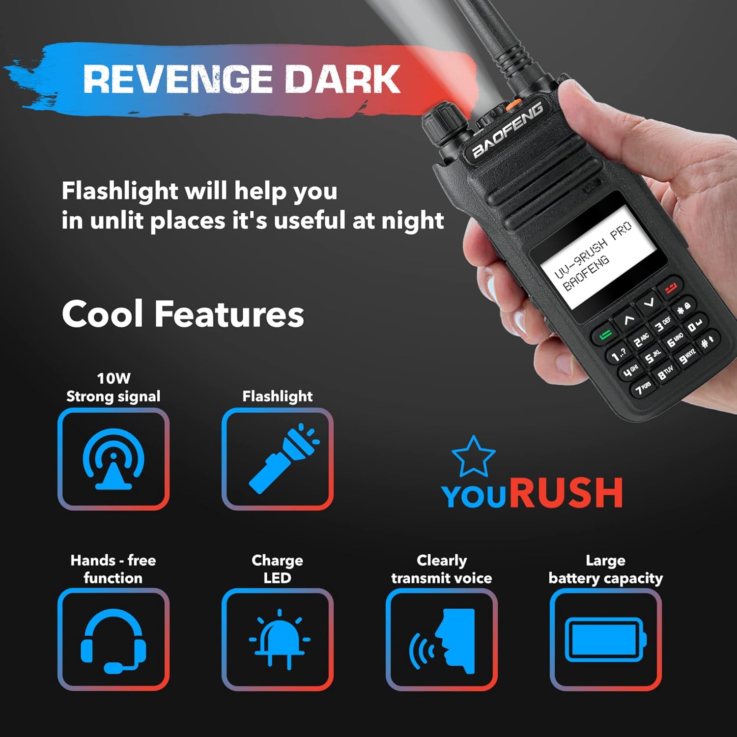 UV-9Rush Pro 10 W (actualizado Baofeng BF-H5) Radio portátil de mano UHF VHF Radio de mano de doble banda IP54 con batería de 2200 mAh. Pin K2