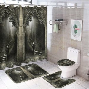 Brebasf Juego de 4 cortinas de ducha impermeables estilo gótico de Halloween, diseño de castillo vintage, terror, arco nostálgico aterrador con Brebasf Juego de 4 cortinas de ducha impermeables estilo gótico de Halloween, diseño de castillo vintage, terror, arco nostálgico aterrador con