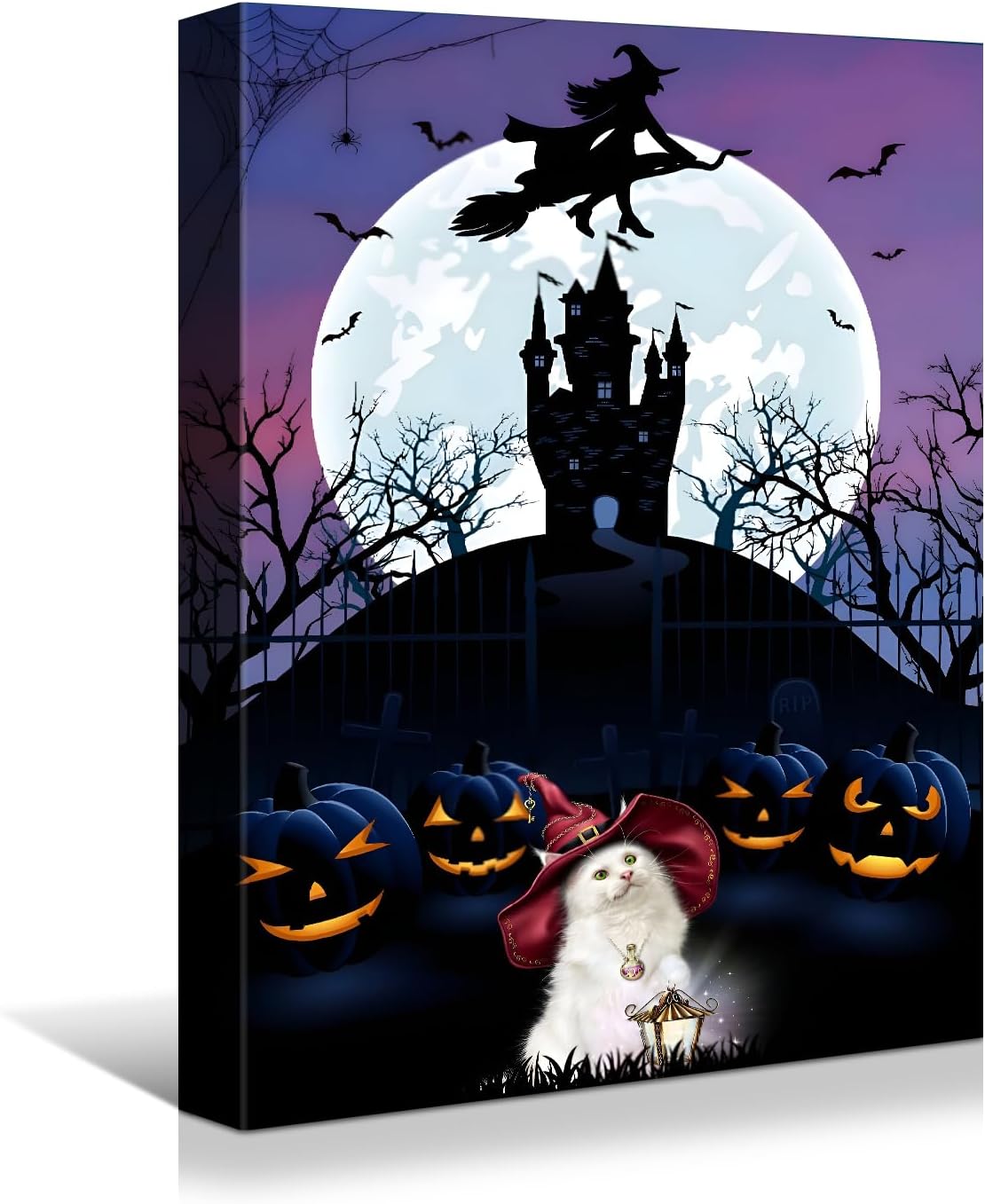 Wewejia Lienzo de Halloween para pared, arte de pared de bruja, murciélago, farol, calabaza, gato, póster de imagen negro para sala de estar,