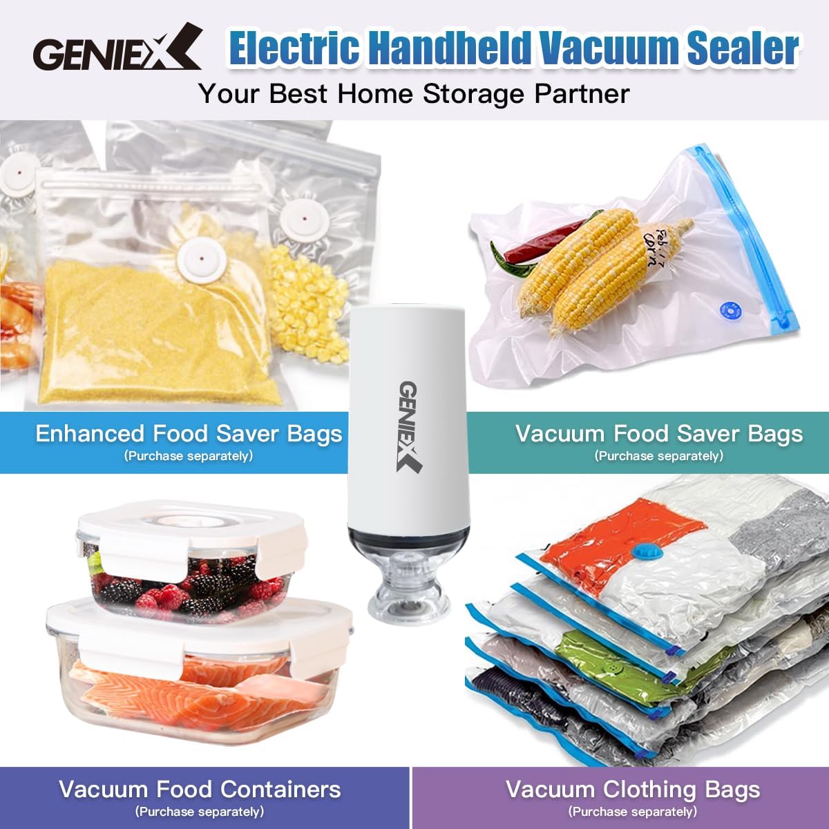 GenieX Sellador al vacío de mano, mini bomba eléctrica recargable para bolsas de almacenamiento de alimentos y recipientes de ahorro de alimentos.