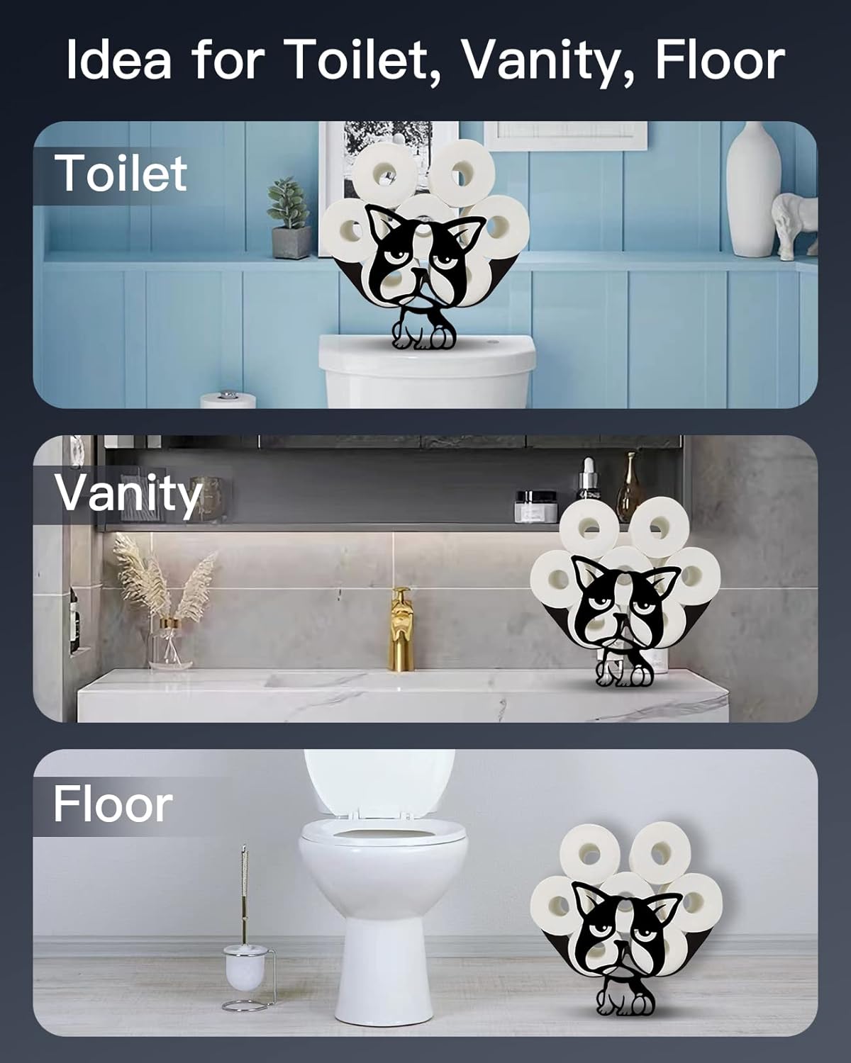 Gojoamoy Bulldog Soporte de almacenamiento de papel higiénico, decoración de animales de metal, decoración de baño, organizador independiente para