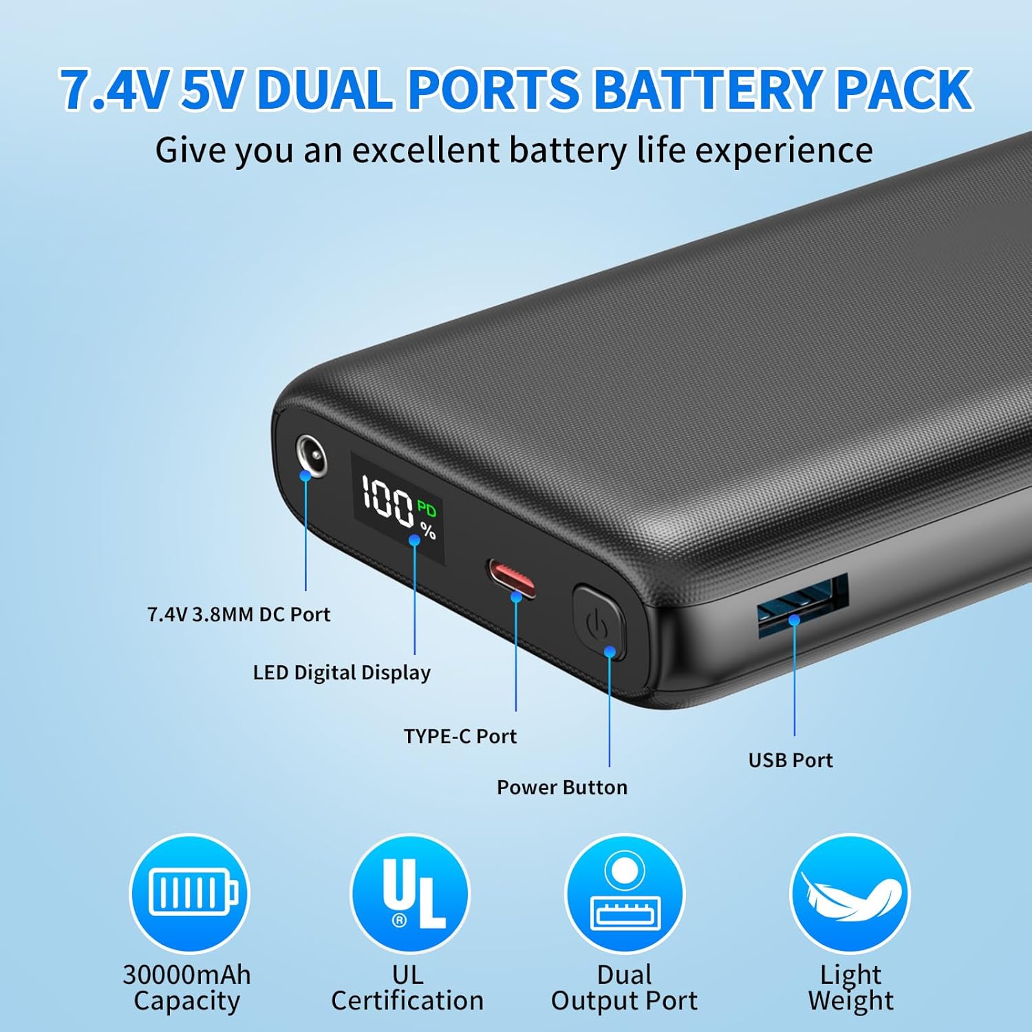 Paquete de baterías, 5V7.4V 30000mAh chaleco calentado, cargador portátil para iPhone y Android