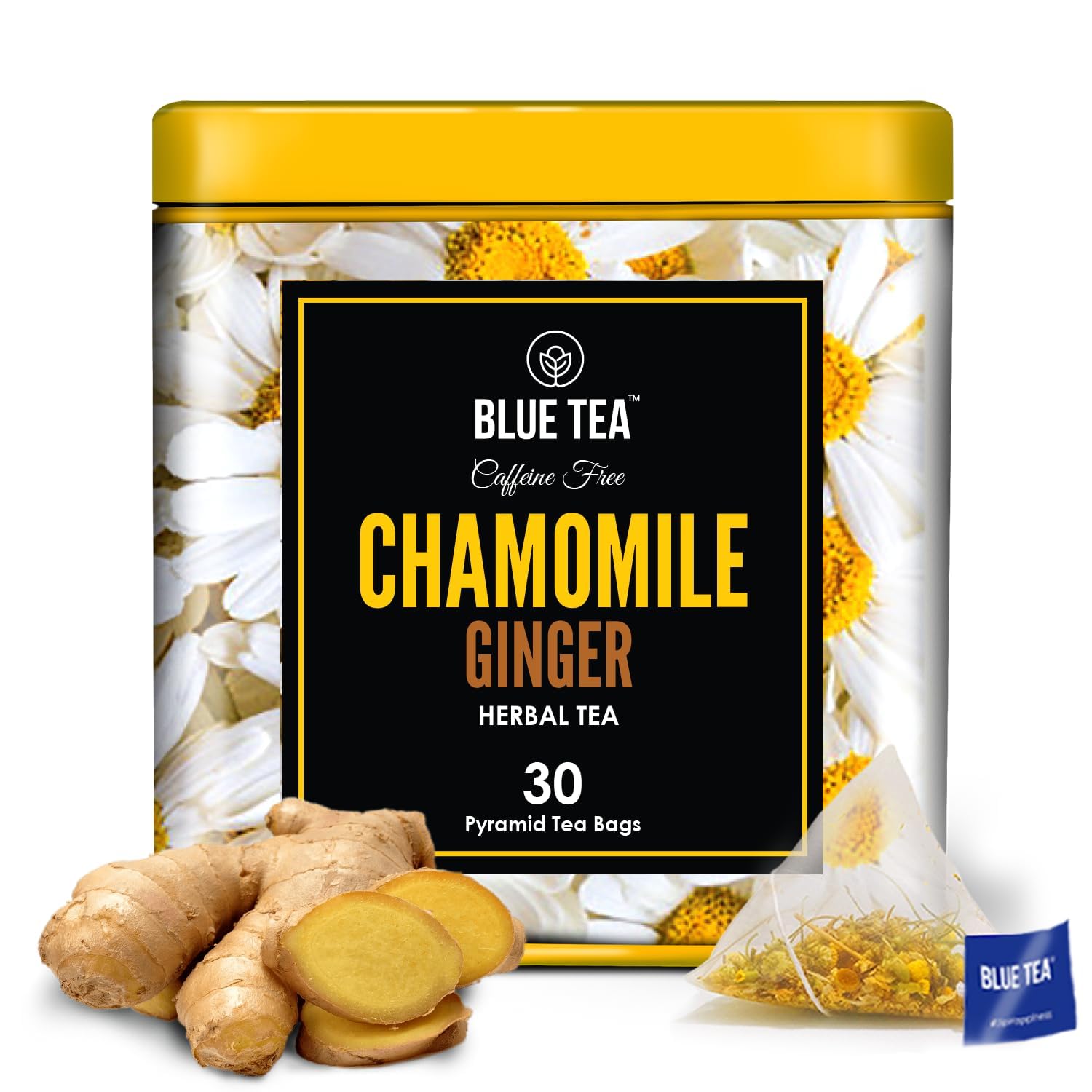 BLUE TEA – Té de hierbas de jengibre y manzanilla – 30 bolsas de té  Regalo del día de la madre  Super antioxidante  Sin cafeína  A base de flores –