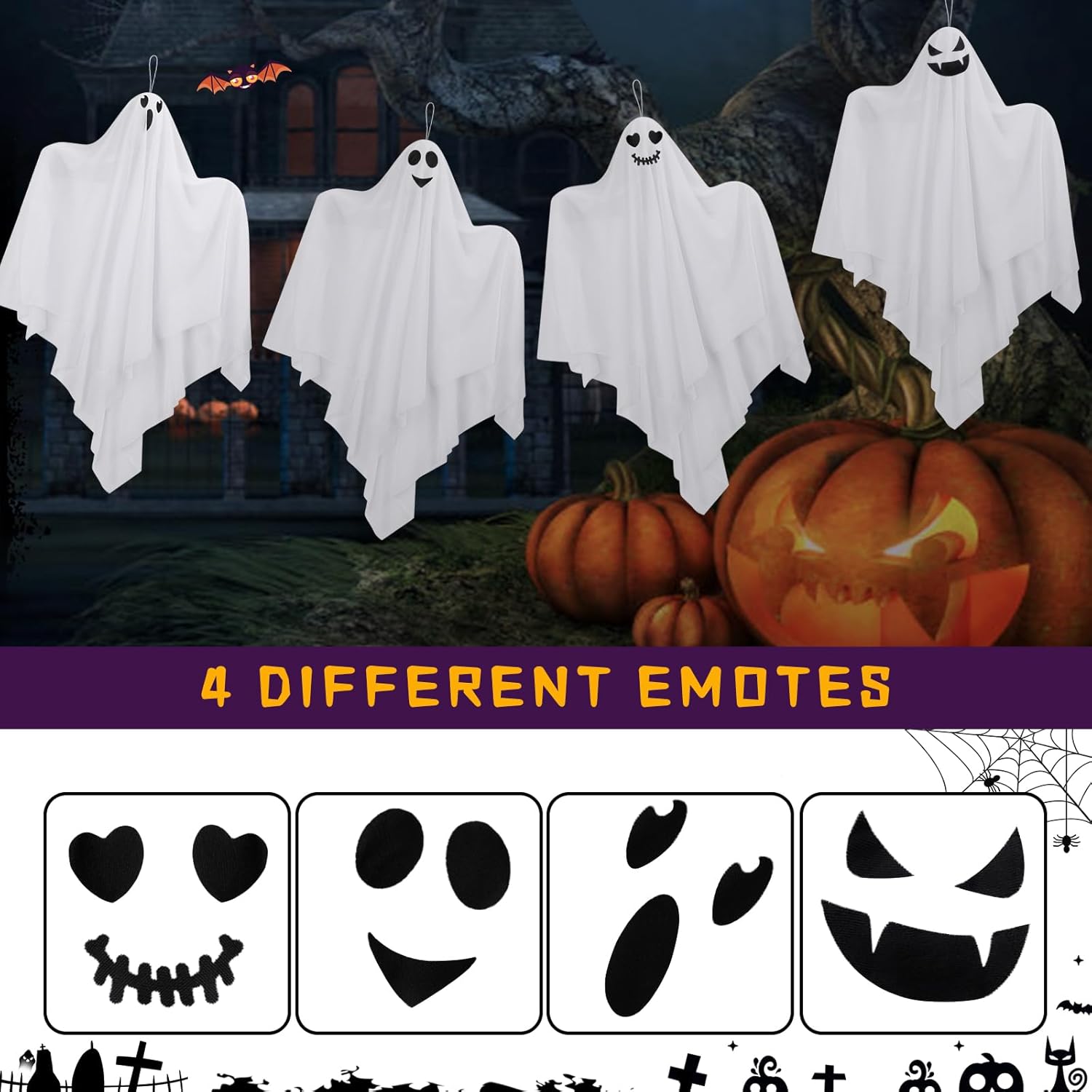 Fantasma colgante de Halloween para decoración al aire libre, paquete de 4 lindos fantasmas voladores de 27.5 pulgadas, decoración de Halloween al